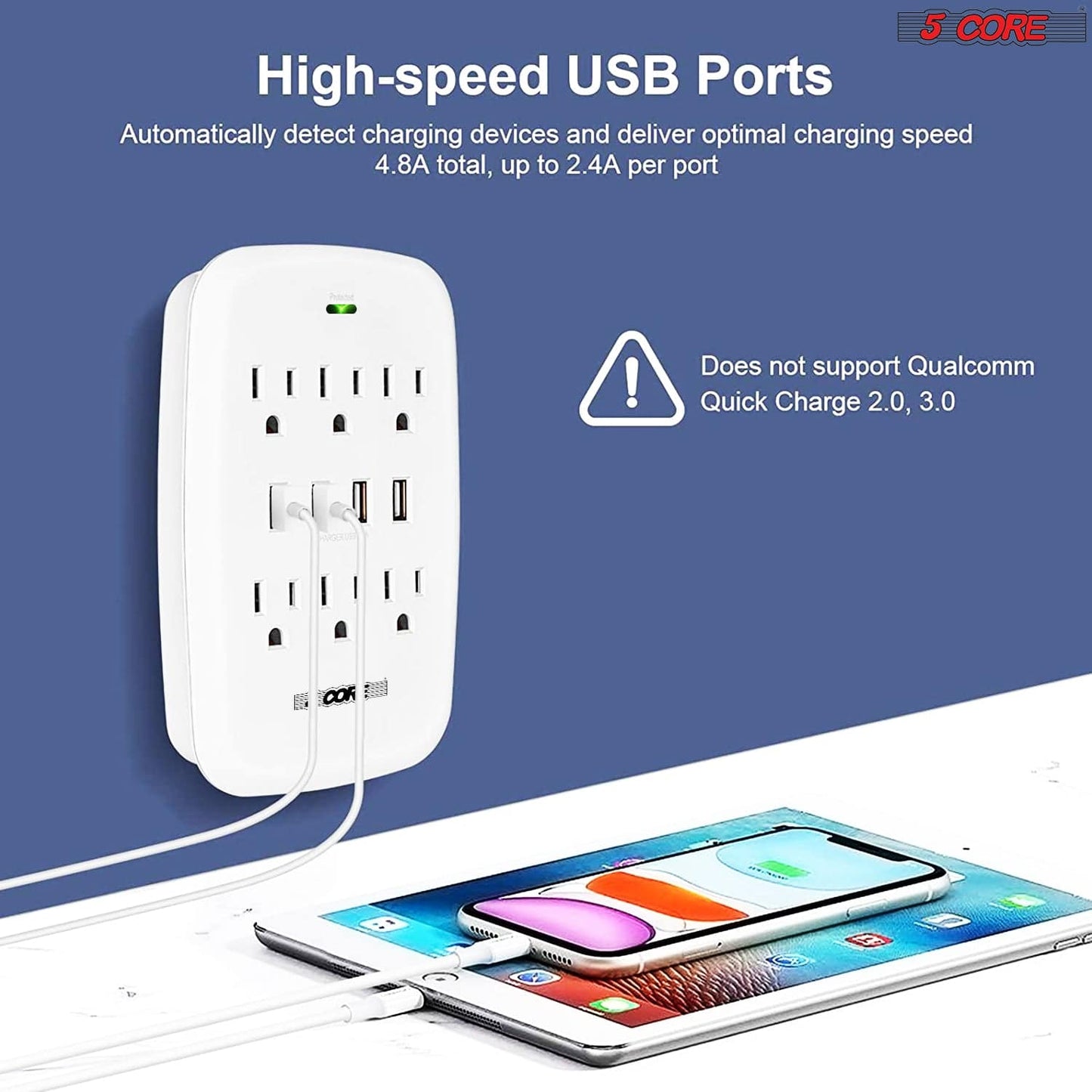 5Core 6 Outlet Wall Plug Extender with 4 USB Ports Multi Outlet Adapter Surge Protector  WMS 6S 4USB