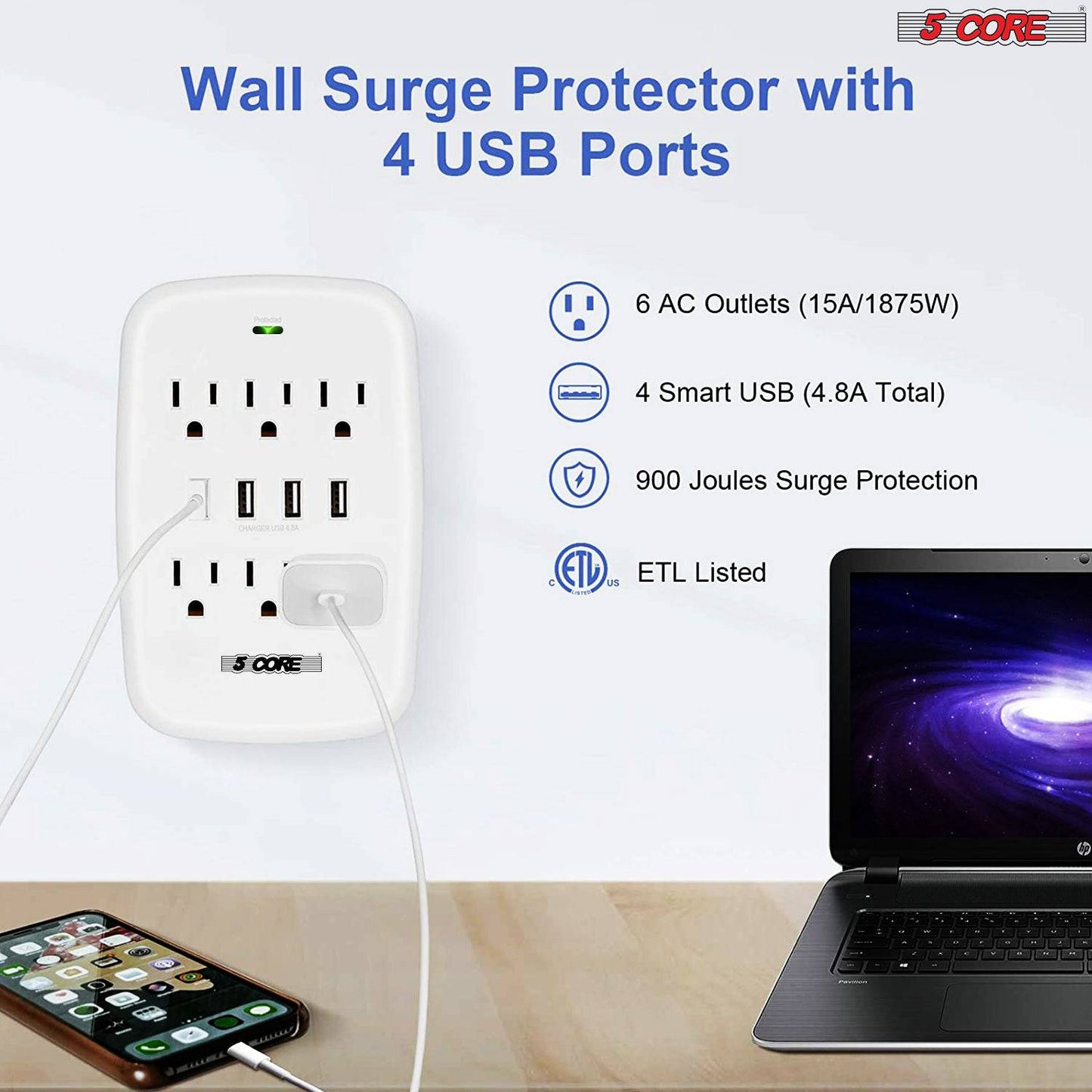 5Core 6 Outlet Wall Plug Extender with 4 USB Ports Multi Outlet Adapter Surge Protector  WMS 6S 4USB