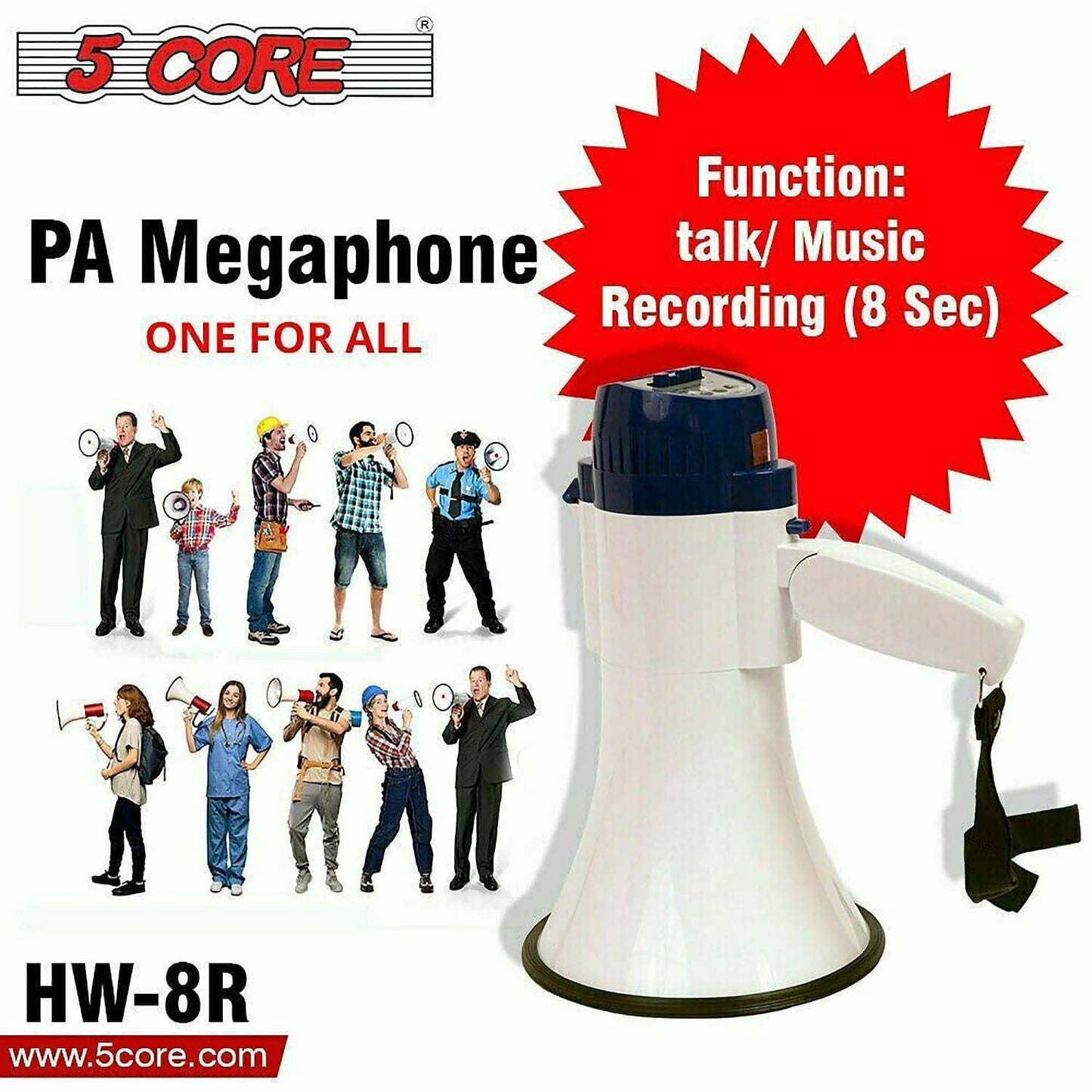 5Core Megaphone Bullhorn Recording Police Siren Blow Horn Hand Held Loudhailer 8R-USBWoB