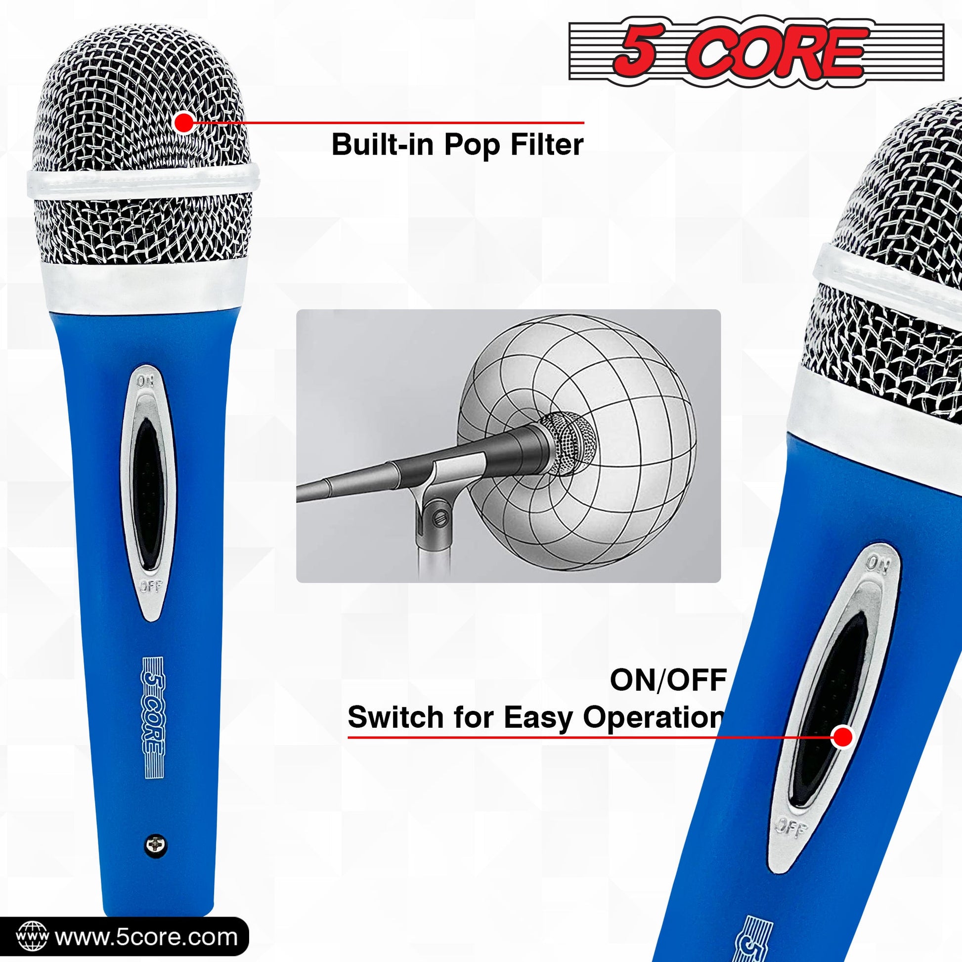5 Core Microphone 2 Pcs Blue Karaoke XLR Wired Mic Professional Studio Microfonos w ON/OFF Switch Integrated Pop Filter Dynamic Moving Coil Cardioid Unidirectional Pickup Handheld Micrófono for Singing DJ Podcast Speeches Includes Cable - PM 286-6
