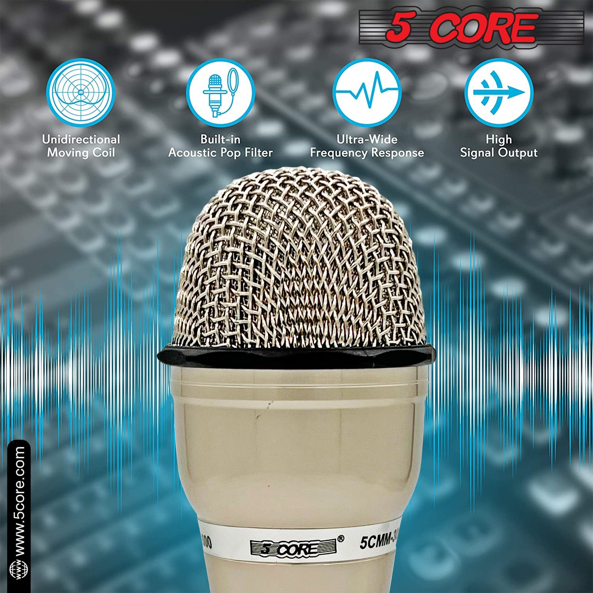 5 CORE Premium Vocal Dynamic Cardioid Handheld Microphone Neodymium Magnet Unidirectional Mic, 16ft Detachable XLR Deluxe Cable to ¼ Audio Jack, On/Off Switch for Karaoke Singing PM 301-1