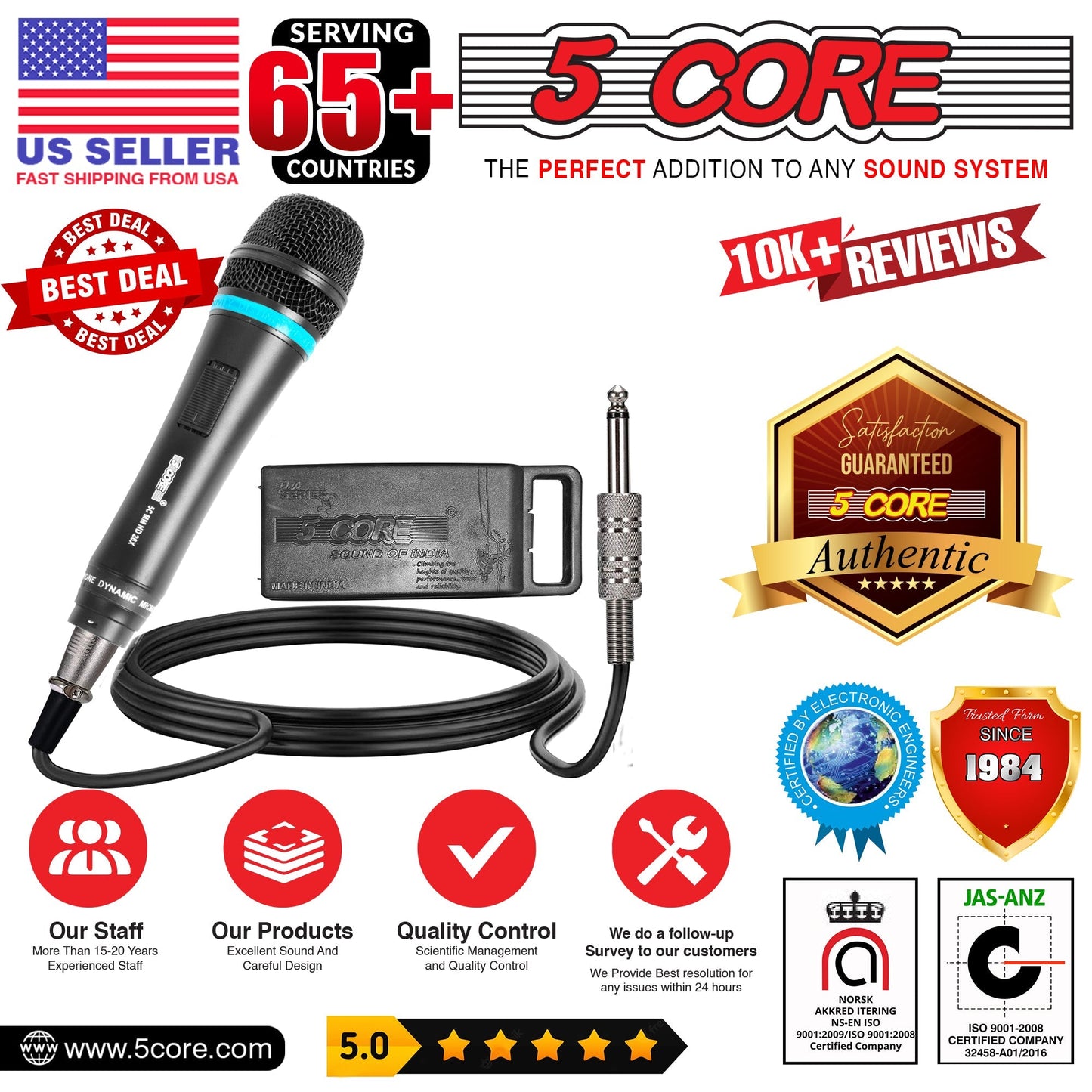 5 Core Microphone Professional Dynamic Karaoke XLR Wired Mic w ON/OFF Switch Pop Filter Cardioid Unidirectional Pickup Handheld Micrófono -ND-26X 2PCS-12