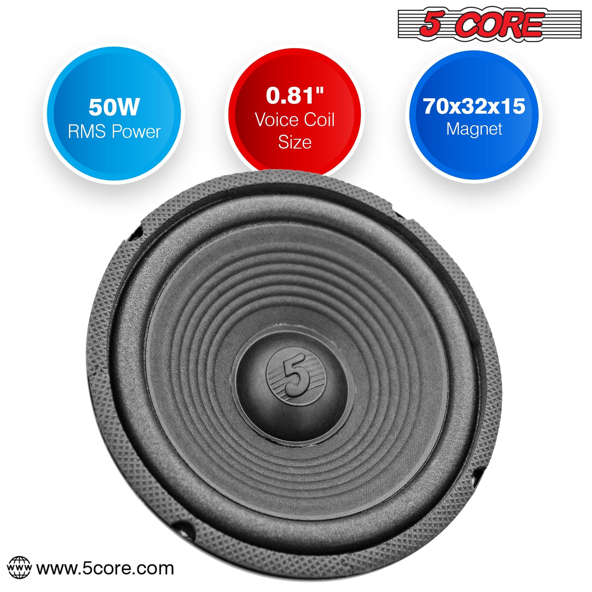 5 CORE Car Subwoofer Audio Speaker - 8 inch 4 Ohm, Foam Surround for Vehicle Stereo Sound System 90mm Magnet Loudspeaker Woofer Replacement Black WF 8"-890 2 PC-5