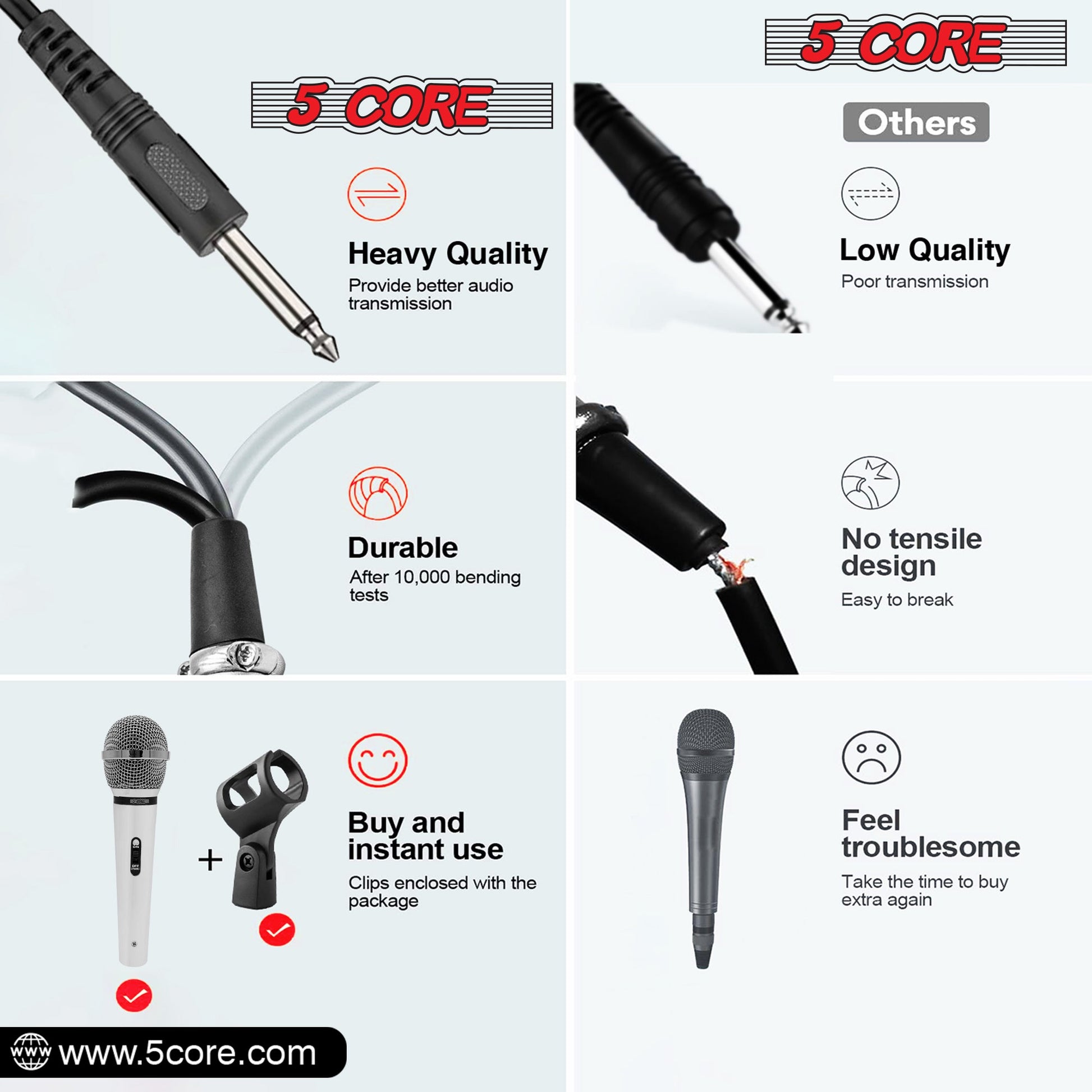 5 Core Microphone 2 Pieces Chrome Finish Professional Karaoke Dynamic XLR Wired Mic w ON/OFF Switch Integrated Pop Filter Cardioid Unidirectional Pickup Handheld Micrófono for Singing DJ Speeches Includes Cable Mic Holder - PM 111 CH 2PCS-17