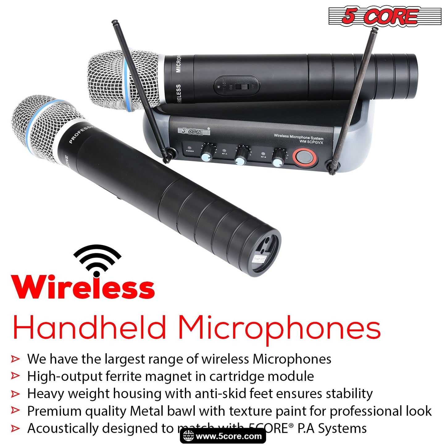 5Core Professional Wireless Microphone System with case, VHF Dual 2 Handheld Mic WM 5CPGVX