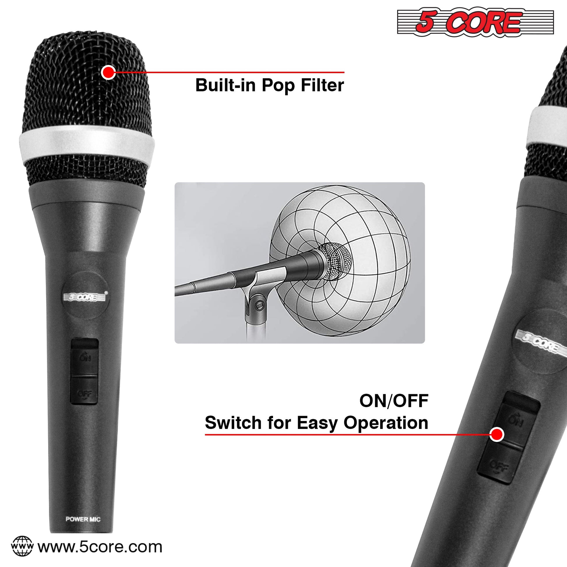 5 Core Microphone 2 Pieces Black Karaoke XLR Wired Mic Professional Studio Microfonos w Integrated Pop Filter Dynamic Moving Coil Cardioid Unidirectional Pickup Micrófono for Singing DJ Podcast Speeches Includes Cable Mic Holder Bag - 5C-POWER 2-3