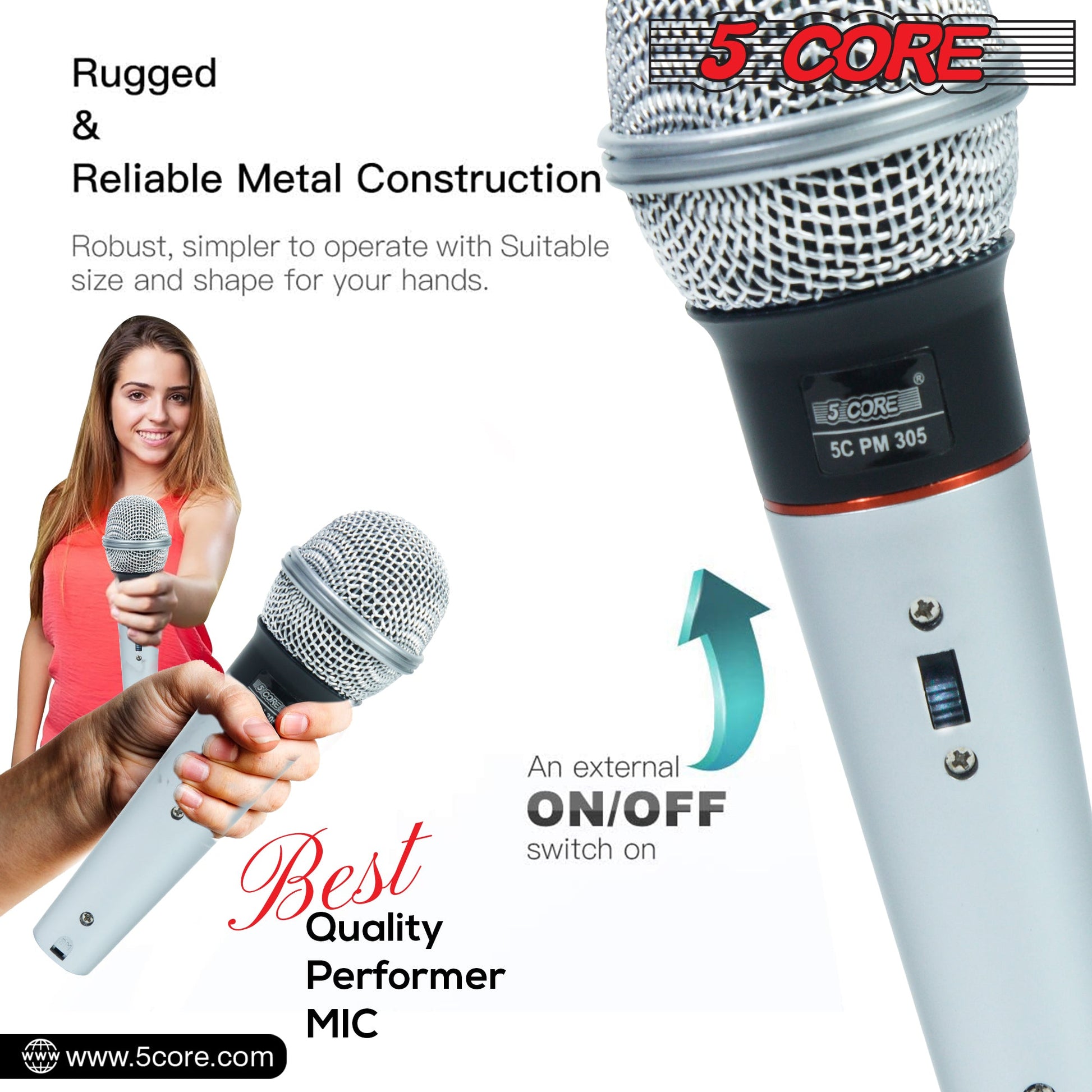 5 Core Microphone 2 Pcs Karaoke XLR Wired Mic Professional Studio Microfonos w ON/OFF Switch Integrated Pop Filter Dynamic Moving Coil Cardioid Unidirectional Pickup Handheld Micrófono for Singing DJ Podcast Speeches Includes Cable - PM 305 2PCS-9