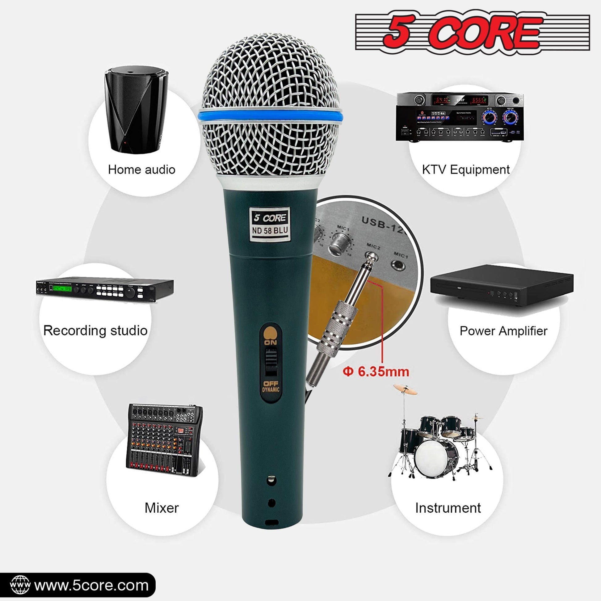 5 Core Microphone Professional Dynamic Karaoke XLR Wired Mic w ON/OFF Switch Pop Filter Cardioid Unidirectional Pickup Handheld Micrófono -ND 58 BLU 2PCS-4