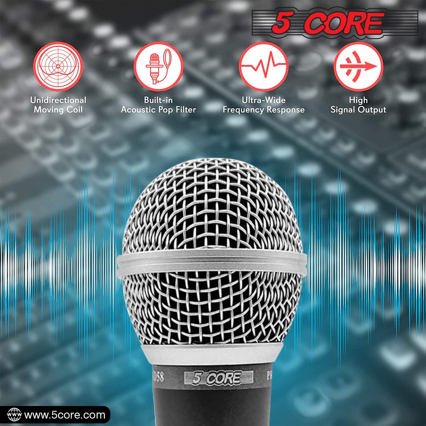 The 5 Core Premium Vocal Dynamic Cardioid Handheld Microphone and Stand combo offers high-quality audio support for karaoke singing and other activities MS DBL+ND58+ND57-2