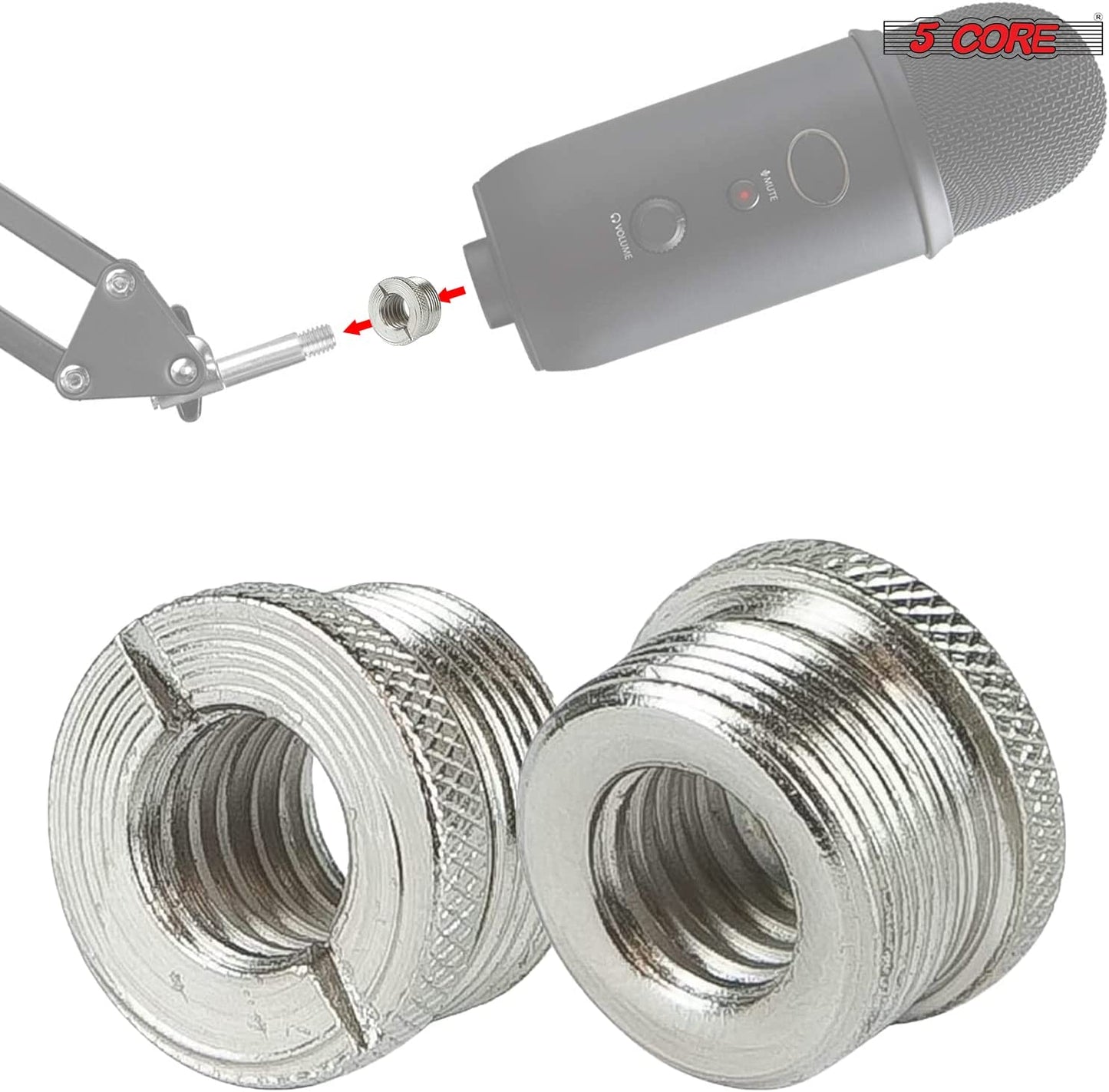 5Core 5/8" Male to 3/8" Female Screw Adapter Microphone Holder Aluminum, Silver MS ADP M SLV 2PCS