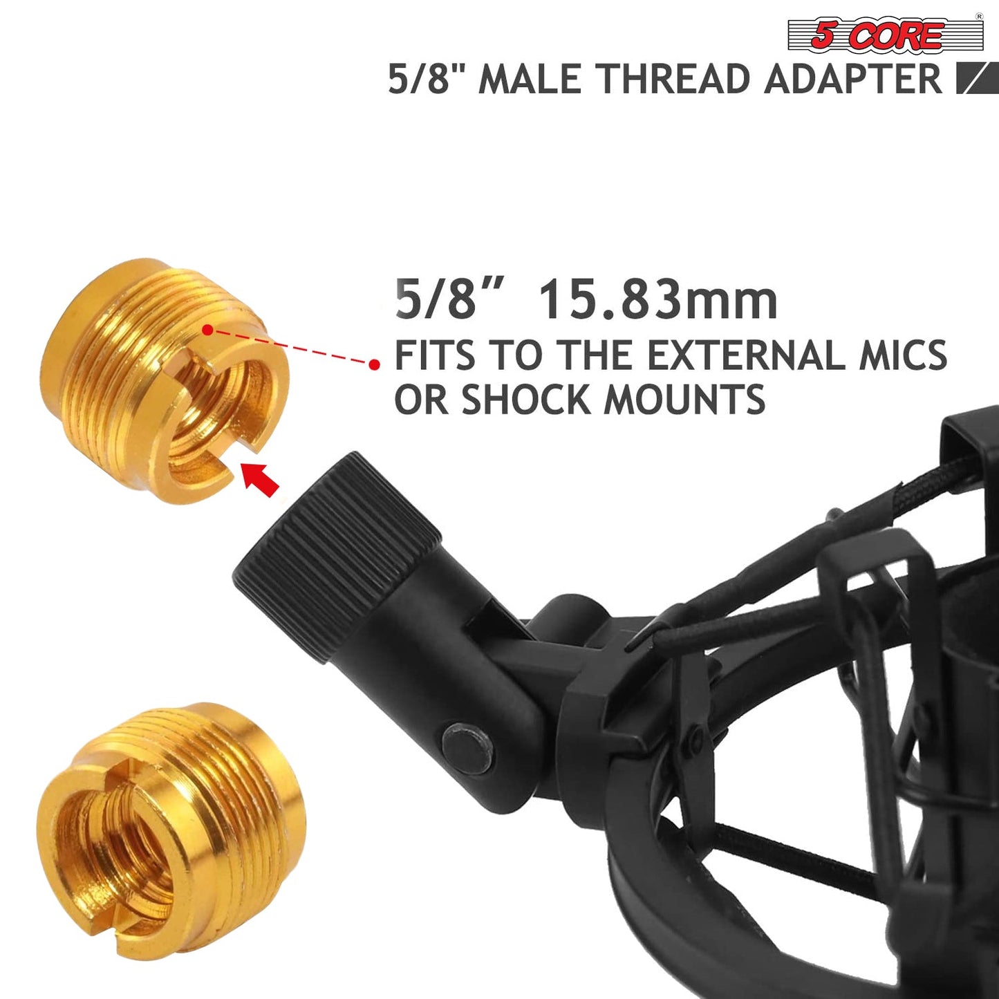 5Core 5/8" Male to 3/8" Female Screw Clip Adapter Microphone Holder Aluminum, Gold MS ADP M GLD 2PCS
