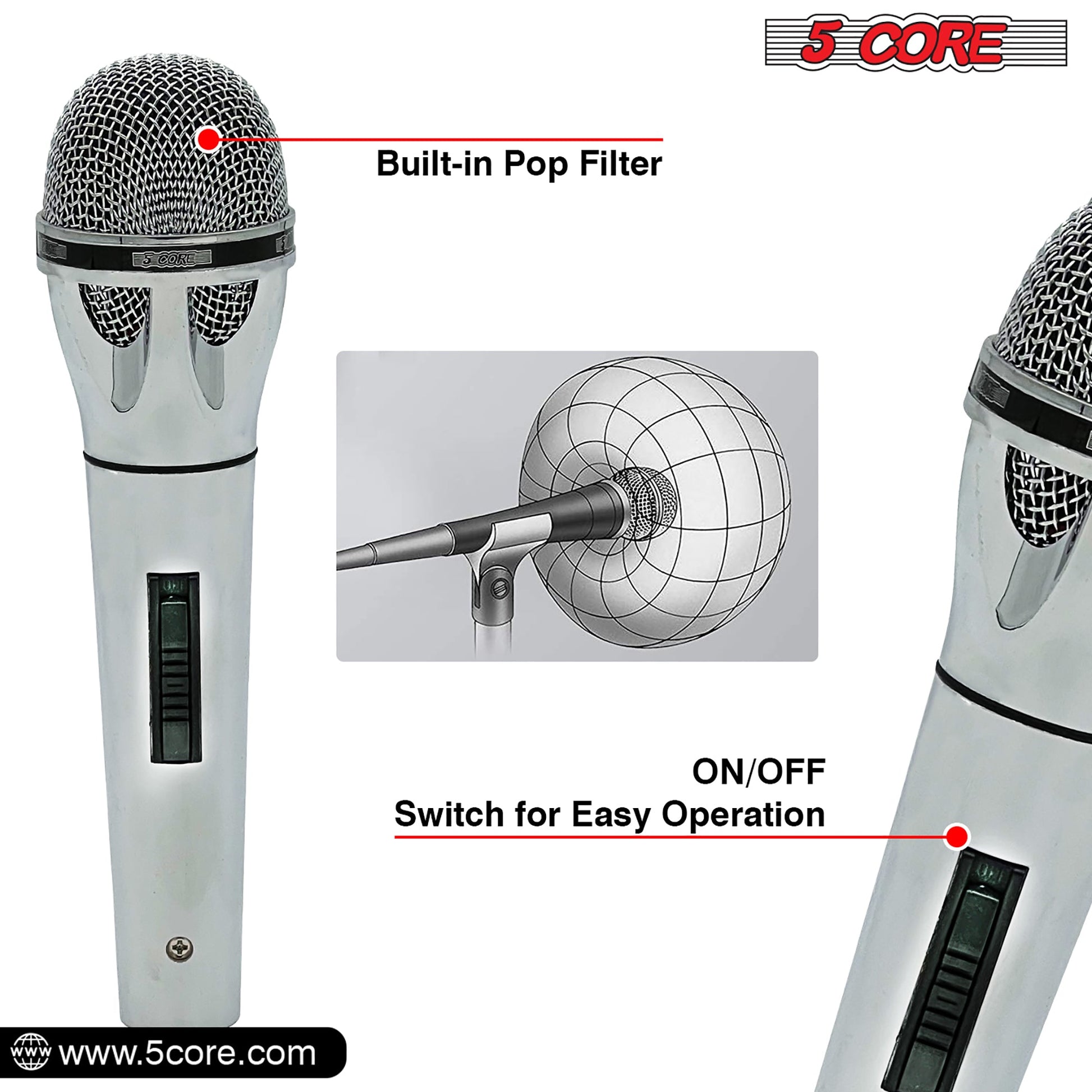 5 Core Microphone 4 Pieces Professional Chrome Finish Dynamic Karaoke XLR Wired Mic w ON/OFF Switch Integrated Pop Filter Cardioid Unidirectional Pickup Handheld Micrófono for Singing DJ Podcast Speeches Includes Cable Mic Holder - PM 817 CH 4PC-6