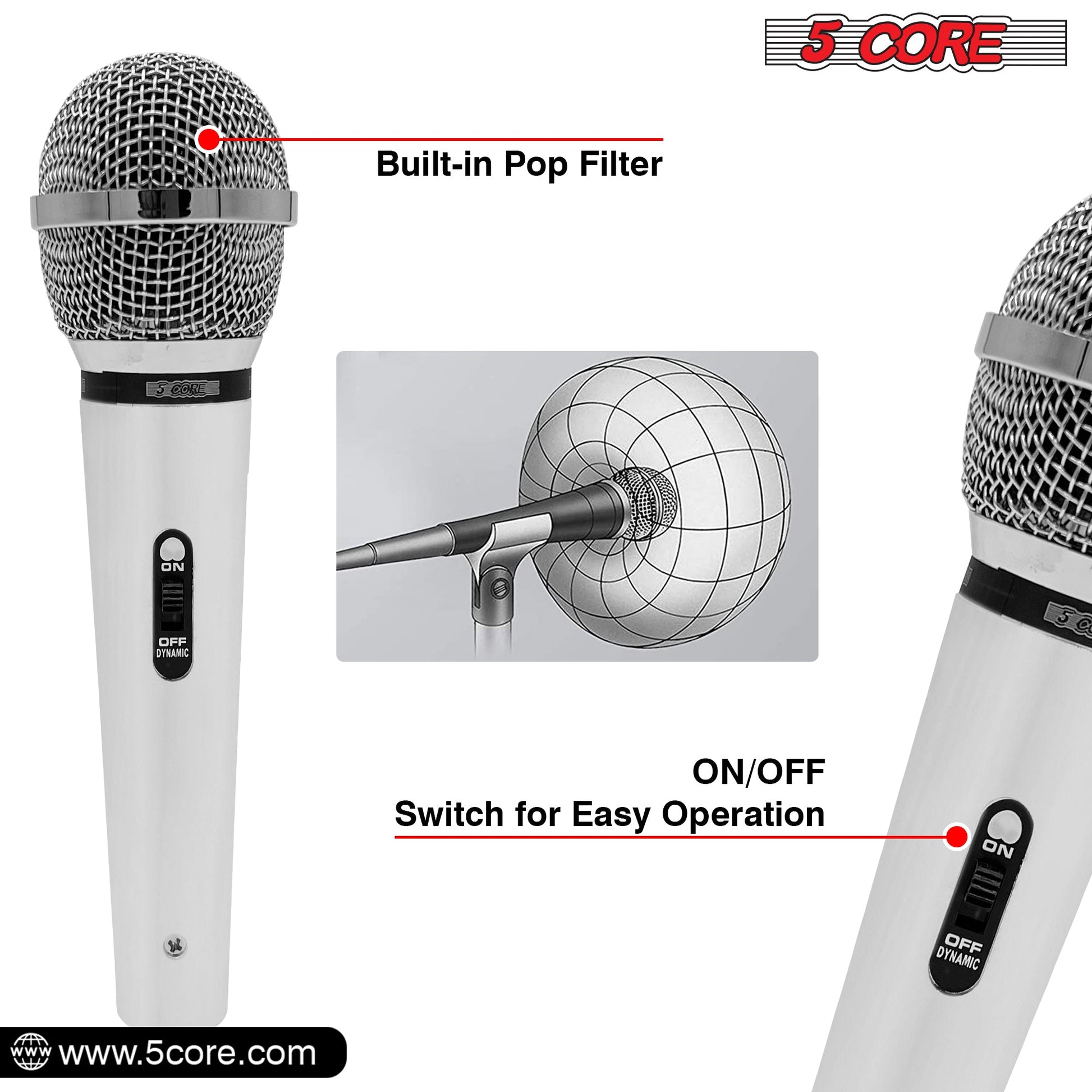 5 Core Microphone 4 Pieces Chrome Finish Professional Karaoke Dynamic XLR Wired Mic w ON/OFF Switch Integrated Pop Filter Cardioid Unidirectional Pickup Handheld Micrófono for Singing DJ Speeches Includes Cable Mic Holder - PM 111 CH 4PCS-8