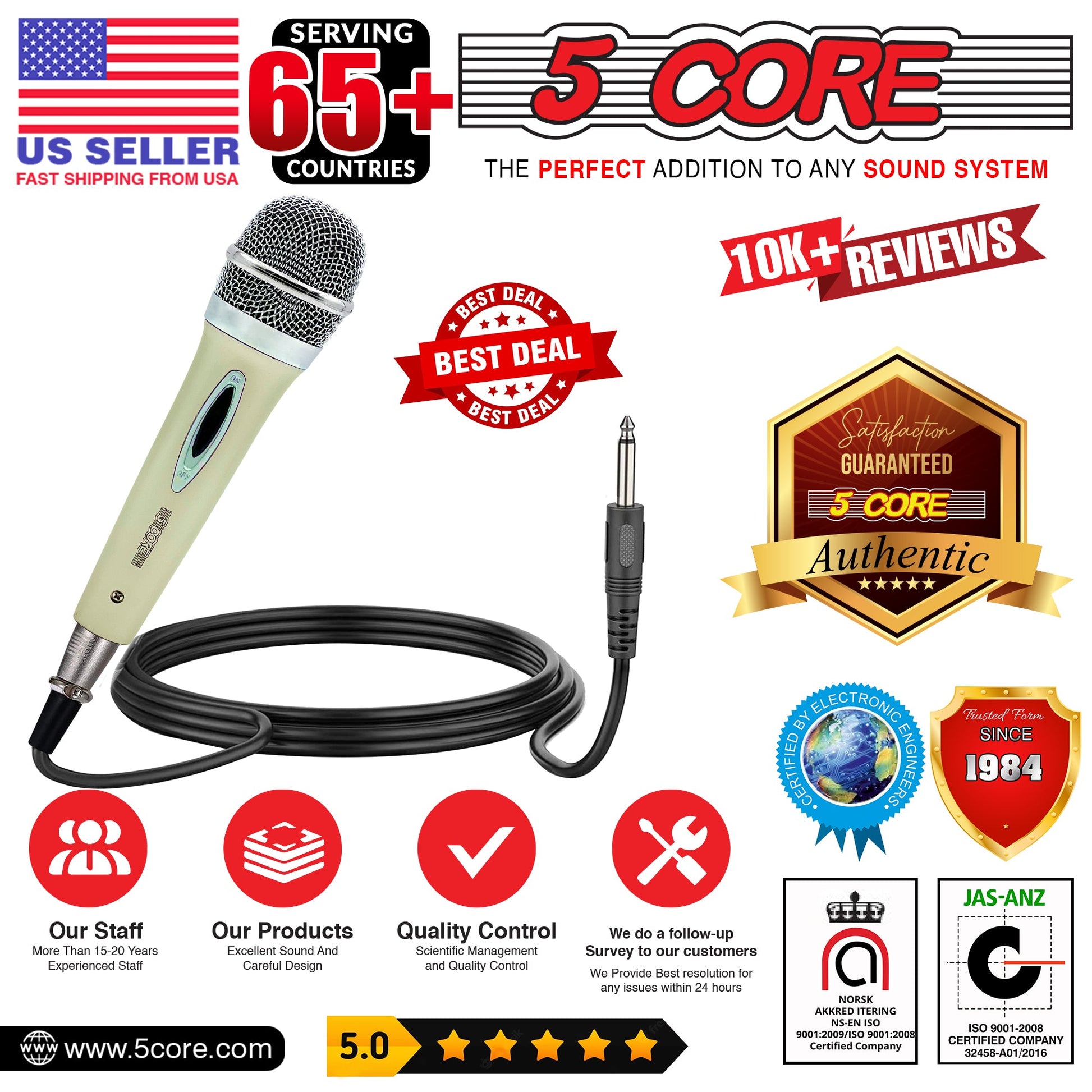 5 Core Microphone 4 Pcs White Karaoke XLR Wired Mic Professional Studio Microfonos w ON/OFF Switch Integrated Pop Filter Dynamic Moving Coil Cardioid Unidirectional Pickup Handheld Micrófono for Singing DJ Podcast Speeches Includes Cable - PM 28-16