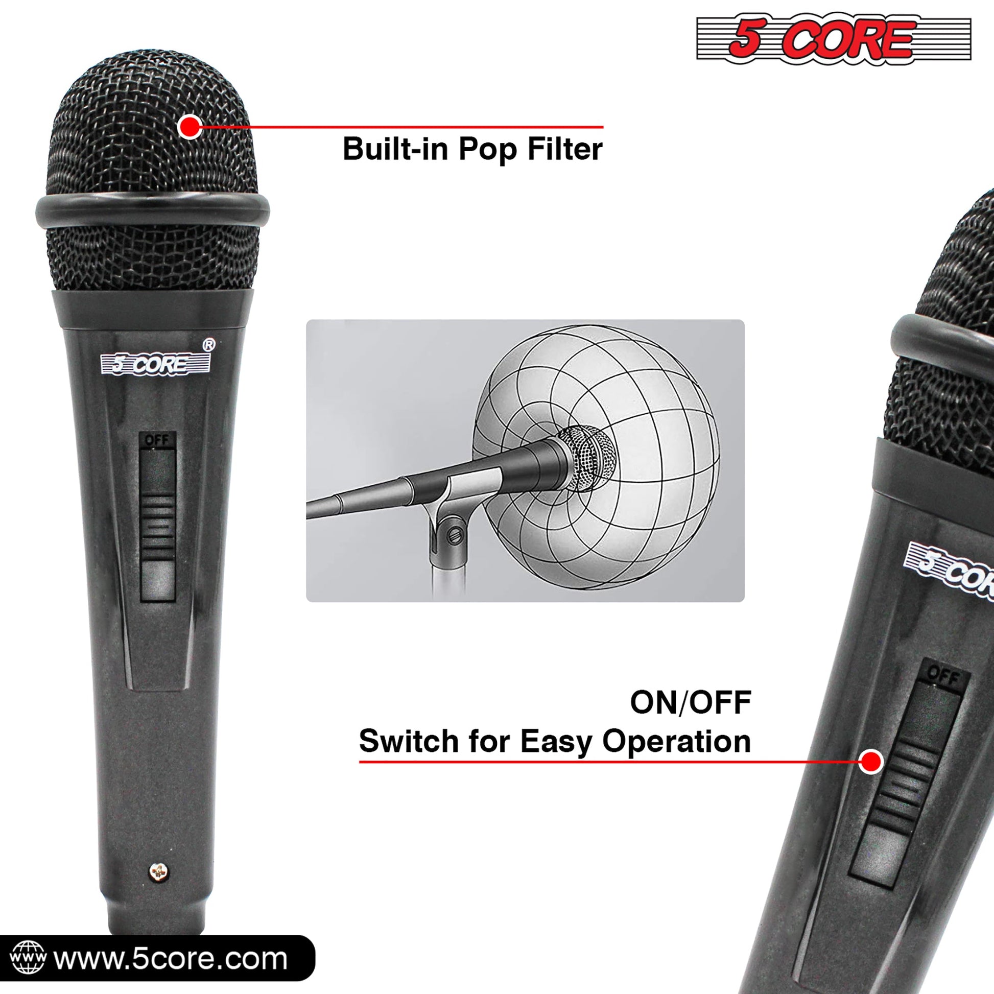 5 Core Microphone 3 Pieces Professional Black Dynamic Karaoke XLR Wired Mic w ON/OFF Switch Integrated Pop Filter Cardioid Unidirectional Pickup Handheld Micrófono for Singing DJ Podcast Speeches Includes Cable Mic Holder - PM 816 3PCS-1