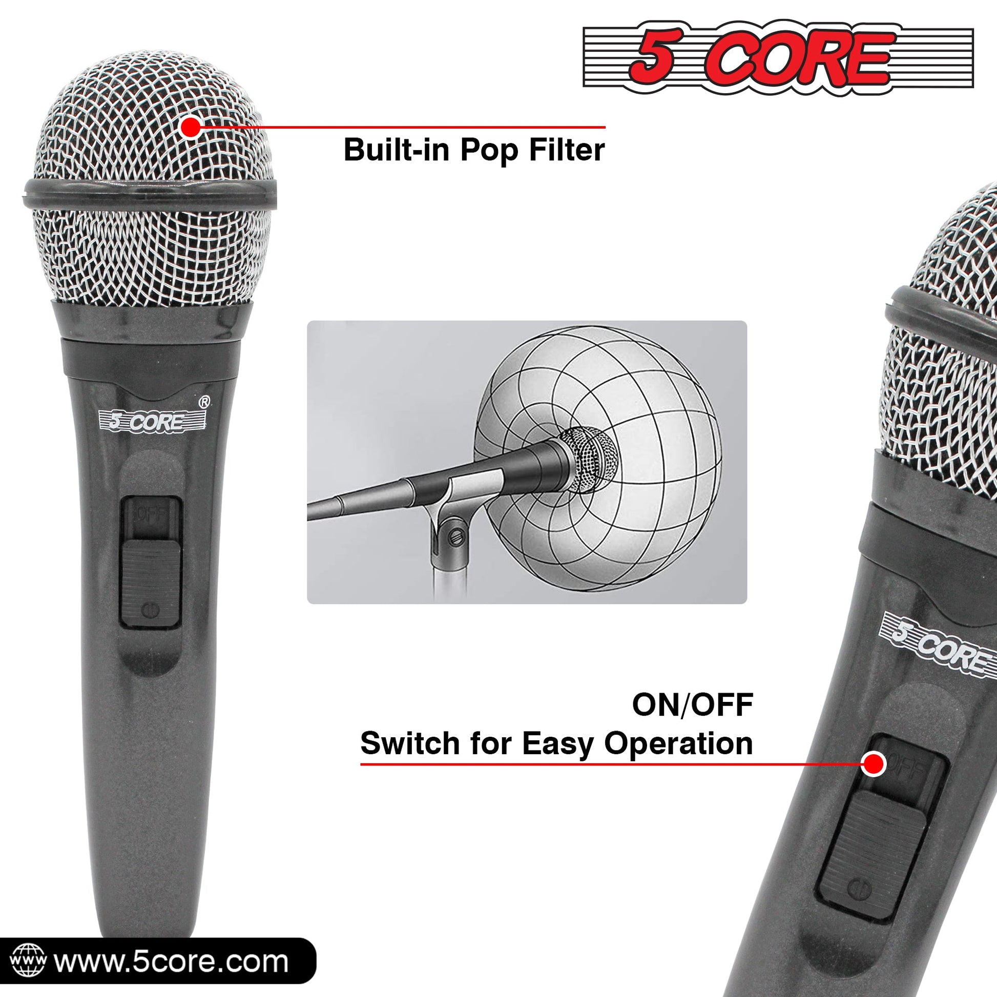 5 Core Microphone 2 Pieces Dynamic Professional Black Karaoke XLR Wired Mic w ON/OFF Switch Integrated Pop Filter Cardioid Unidirectional Pickup Handheld Micrófono for Singing DJ Podcast Speeches Includes Cable Mic Holder - PM 600 2PCS-10
