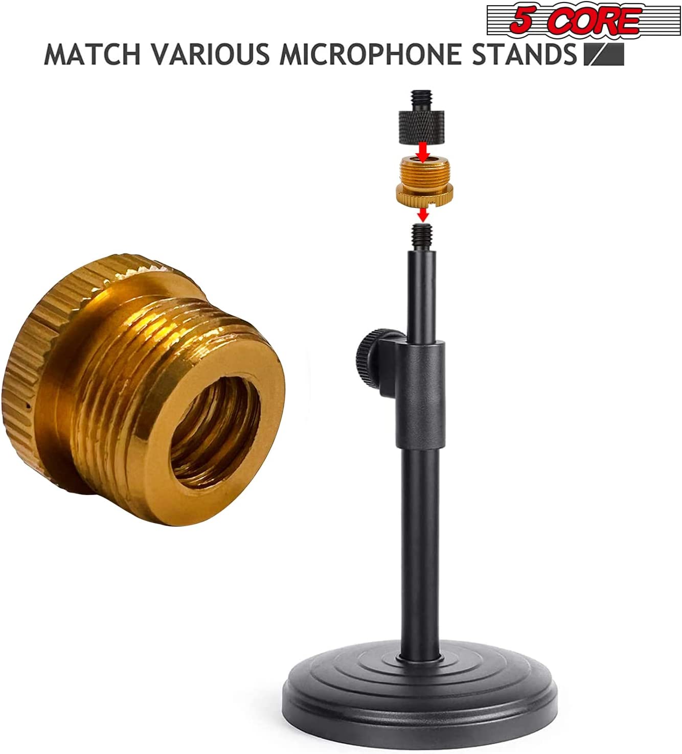 5 Core Mic Stand Adapter 4 Pieces Gold 3/8 Female to 5/8 Male Aluminum Mic Screw Adapter Gold Microphone Tripod Stand Screw - MS ADP M GLD 4PCS-8