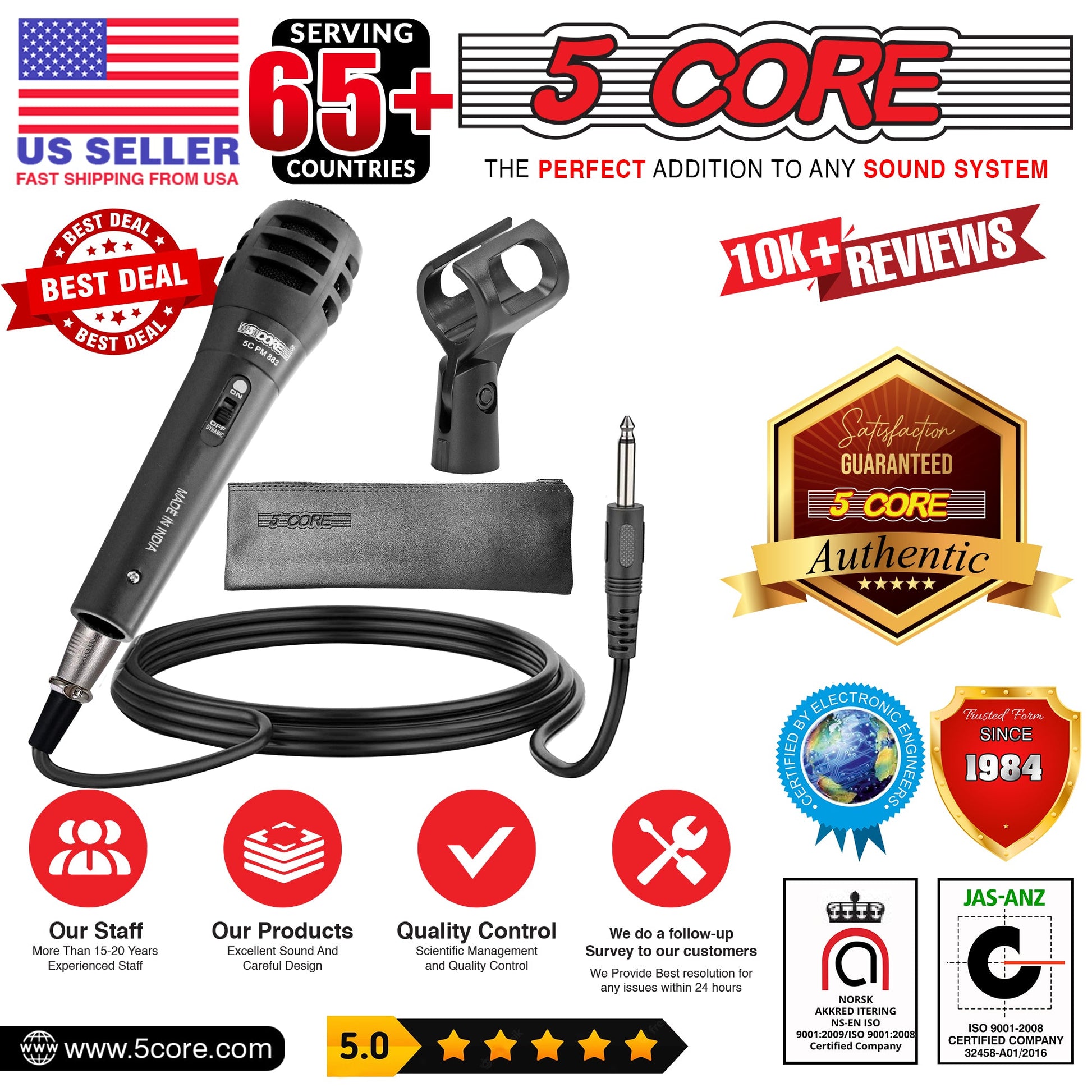 5 Core Microphone 4 Piece Professional Black Dynamic Karaoke XLR Wired Mic w ON/OFF Switch Integrated Pop Filter Cardioid Unidirectional Pickup Handheld Micrófono for Singing DJ Podcast Speeches Includes Cable Mic Holder Bag - PM-883 4PCS-15