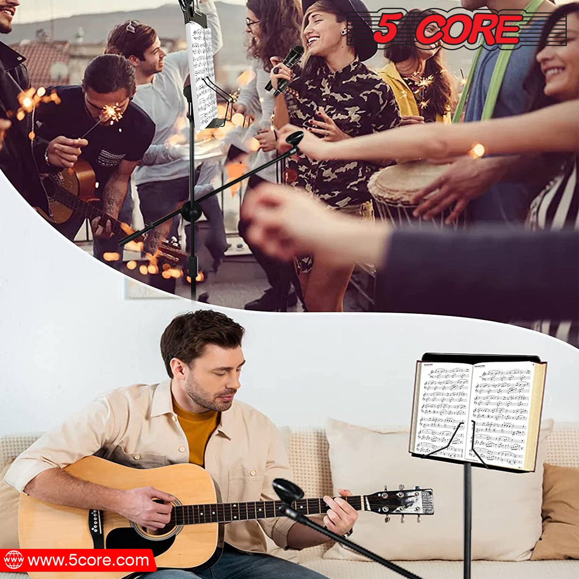 Ultimate Performance Combo: 5 Core Sheet Music Stand with Mic Stand Holder + Premium Vocal Dynamic Mic for Music and Karaoke Delights MUS MH+ND58BLK-8