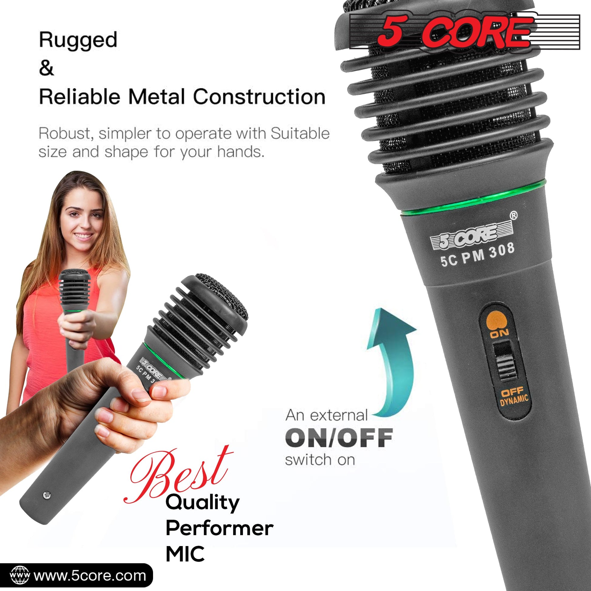 5 Core Microphone 2 Pieces Black Karaoke XLR Wired Mic Professional Studio Microfonos w Integrated Pop Filter Dynamic Moving Coil Cardioid Unidirectional Pickup Micrófono for Singing DJ Podcast Speeches Includes Cable - 308P 2PCS-8