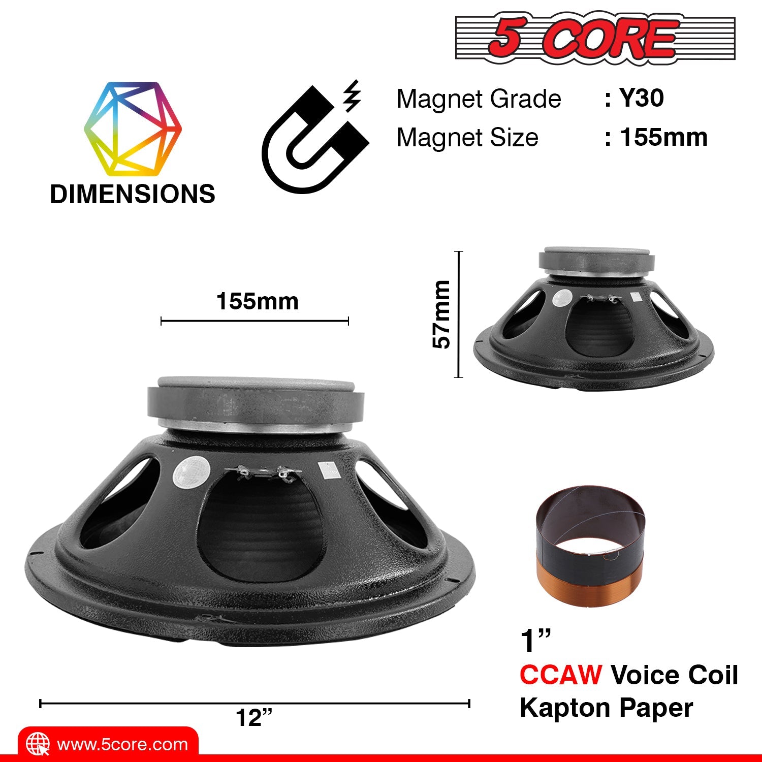 5 Core 2Pieces 12" Full Range PA DJ subwoofer - 175W Premium Stereo Subwoofer DJ Speaker- 8 Ohm, 155MM Magnet, 1 Inch Voice Coil FR 12155 2PCS-4