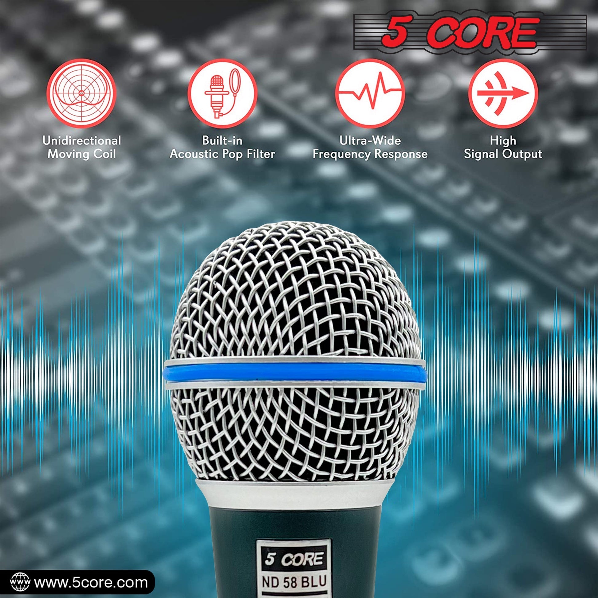 5 Core Microphone Professional Dynamic Karaoke XLR Wired Mic w ON/OFF Switch Pop Filter Cardioid Unidirectional Pickup Handheld Micrófono -ND 58 BLU 2PCS-5