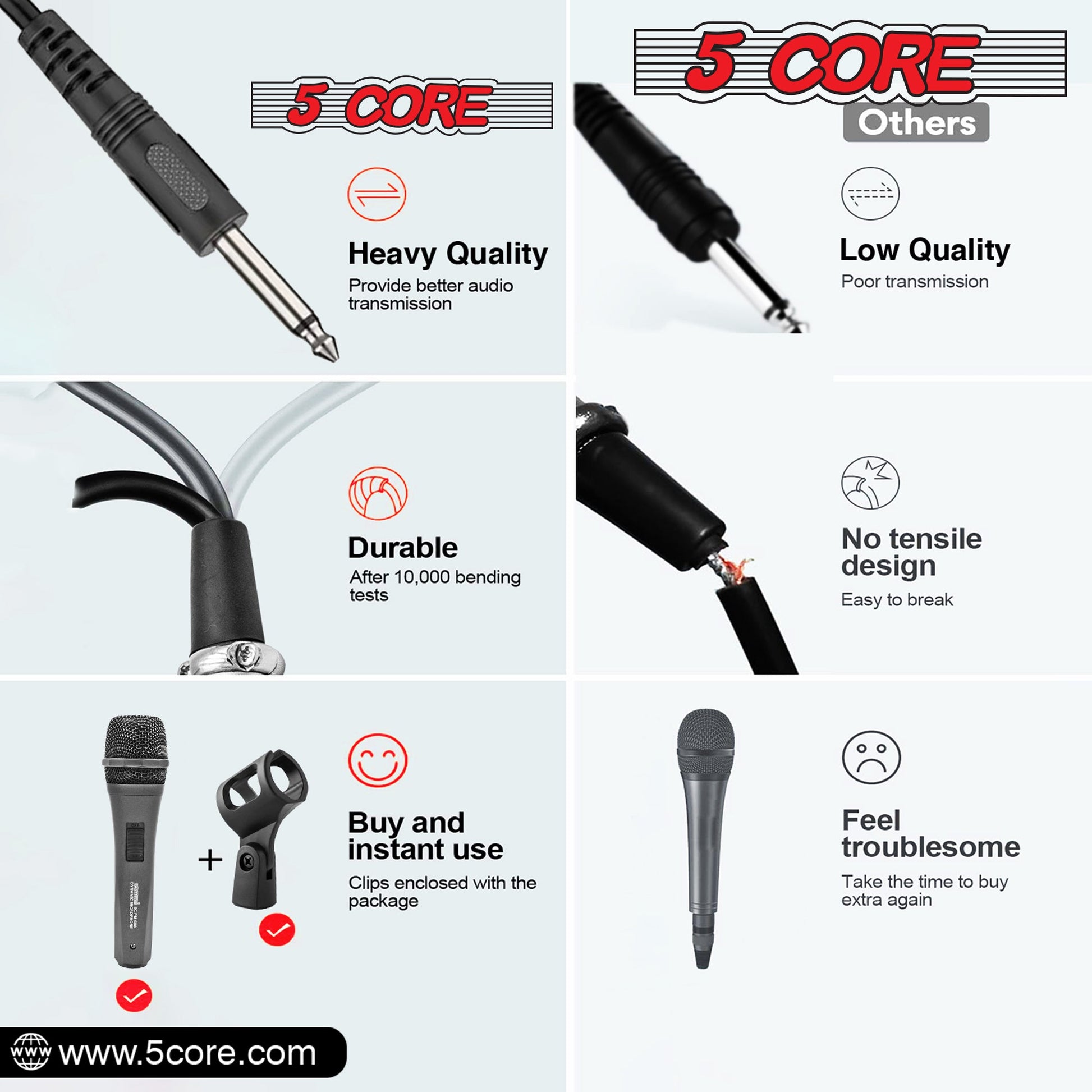 5 Core Microphone 3 Pieces Professional Black Dynamic Karaoke XLR Wired Mic w ON/OFF Switch Integrated Pop Filter Cardioid Unidirectional Pickup Handheld Micrófono for Singing DJ Podcast Speeches Includes Cable Mic Holder - PM 608 3PCS-10