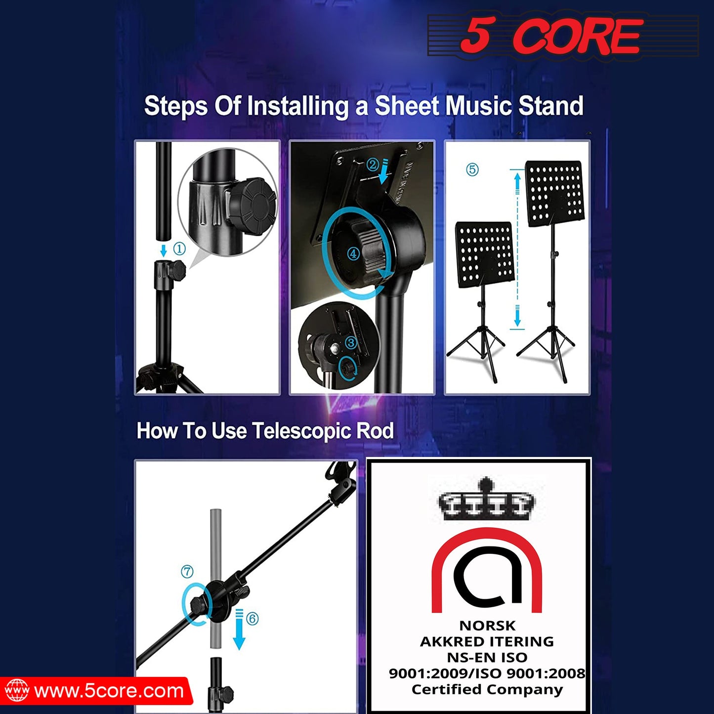Ultimate Performance Combo: 5 Core Sheet Music Stand with Mic Stand Holder + Premium Vocal Dynamic Mic for Music and Karaoke Delights MUS MH+ND58BLK-9