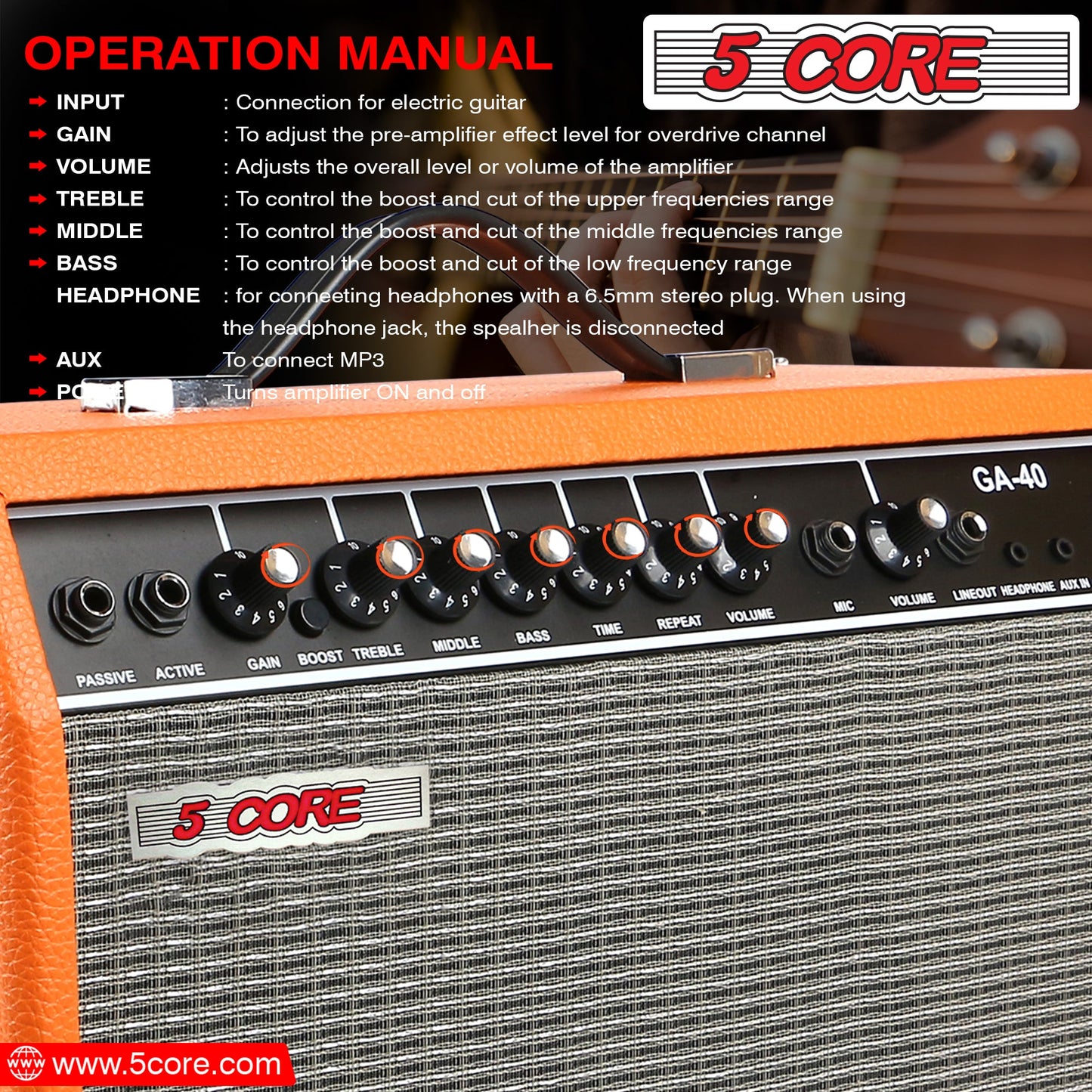 5 Core 40W Guitar Amplifier Orange - Clean and Distortion Channel - Electric Amp with Equalization and AUX Line Input - for Recording Studio, Practice Room, Small Courtyard- GA 40 ORG-7