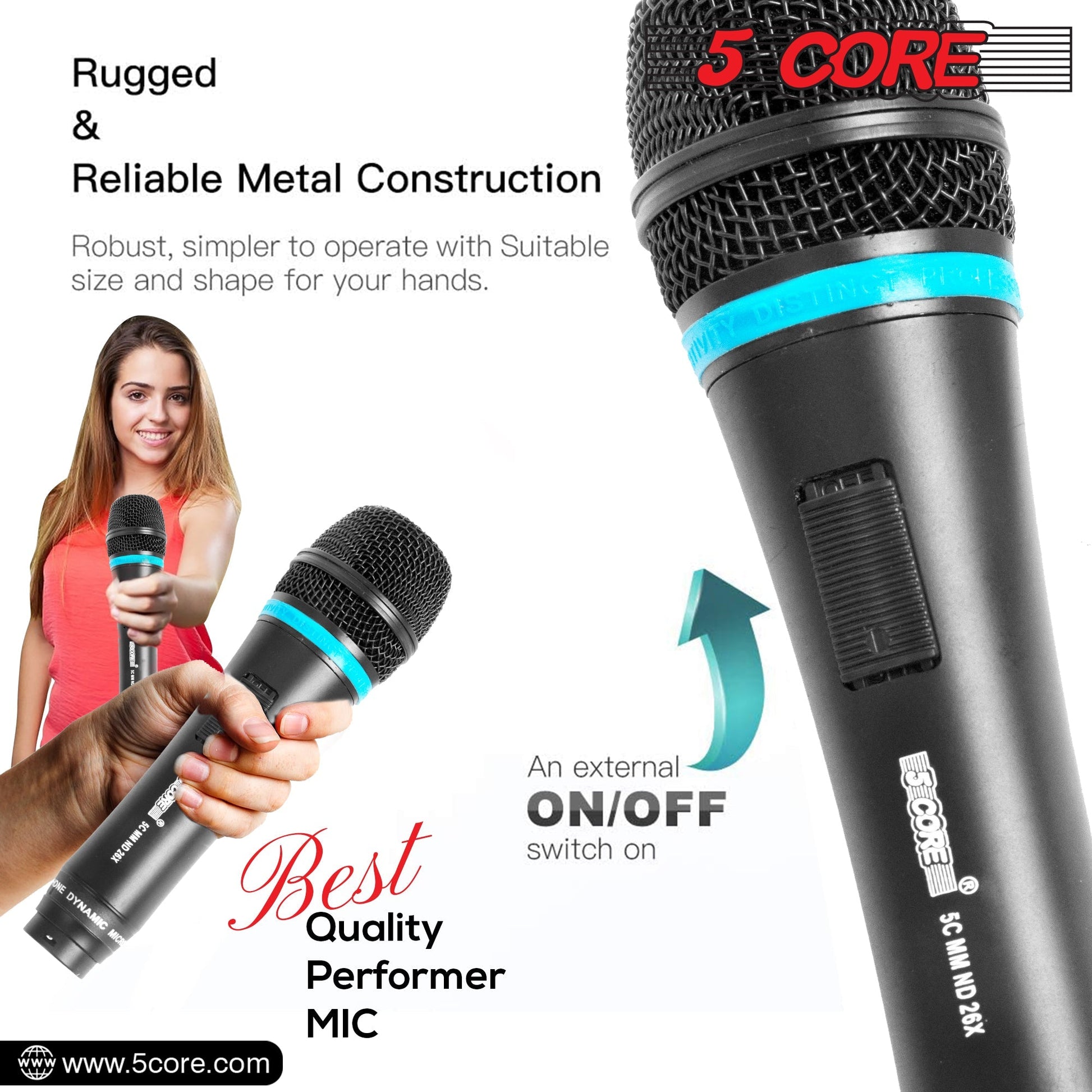 5 Core Microphone Professional Dynamic Karaoke XLR Wired Mic w ON/OFF Switch Pop Filter Cardioid Unidirectional Pickup Handheld Micrófono -ND-26X 2PCS-6
