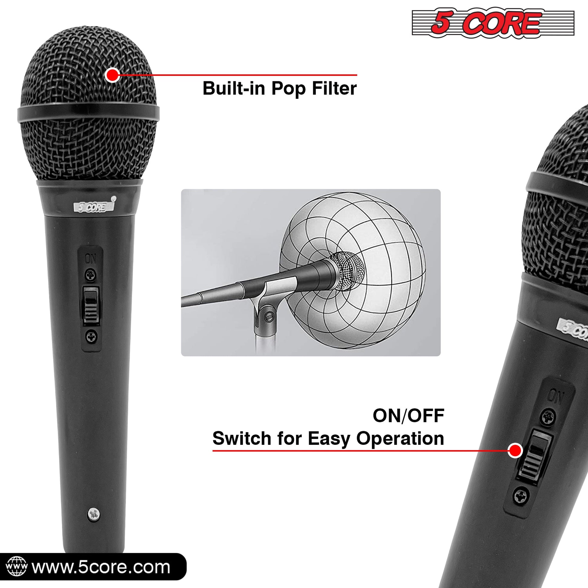 5 CORE 3 Pieces Premium Vocal Dynamic Cardioid Handheld Microphone Unidirectional Mic with Detachable XLR Cable to inch Audio Jack and On/Off Switch for Karaoke Singing - PM 101 BLK 3PCS-4