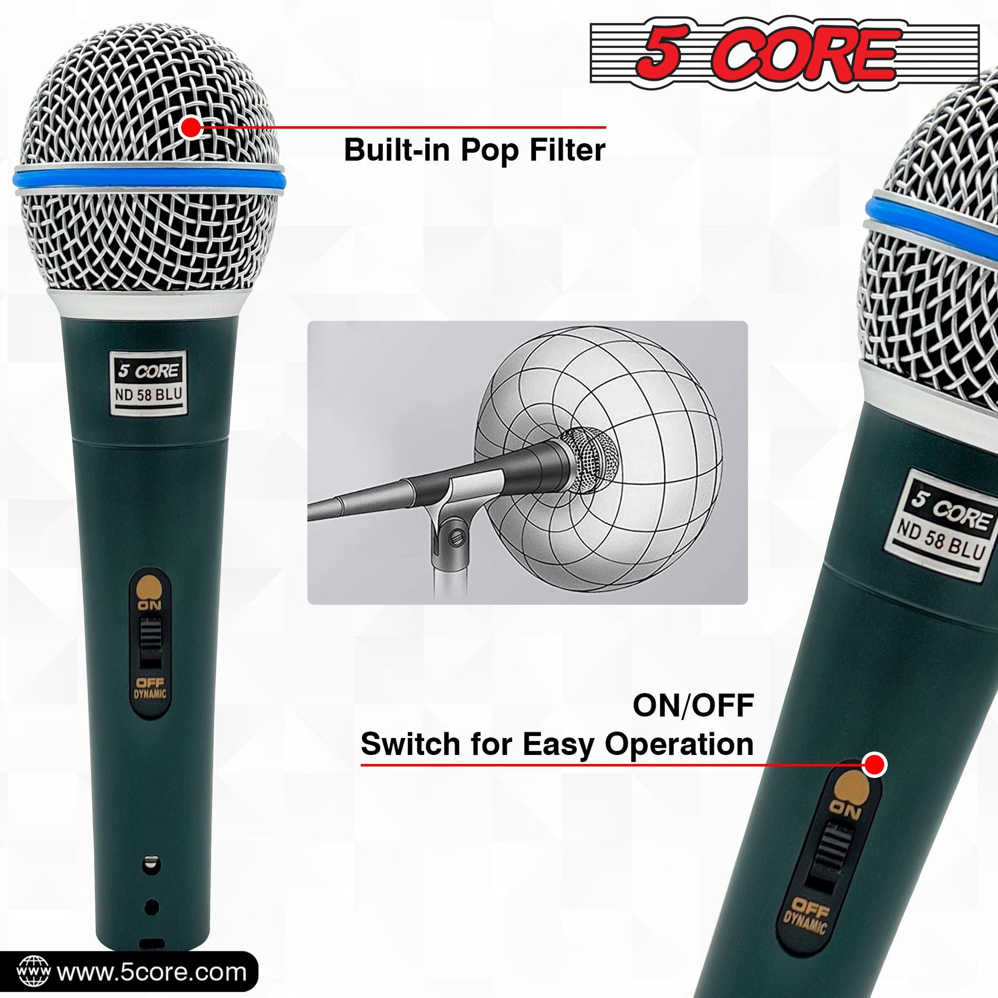 5 Core Microphone Professional Dynamic Karaoke XLR Wired Mic w ON/OFF Switch Pop Filter Cardioid Unidirectional Pickup Handheld Micrófono -ND 58 BLU 2PCS-1