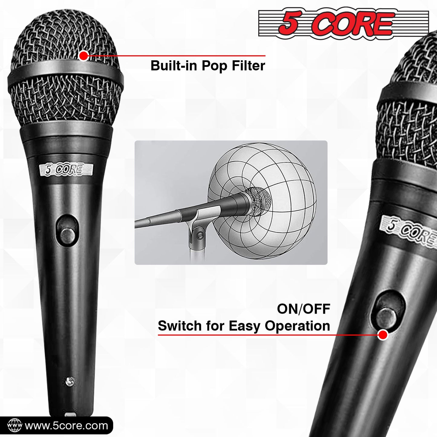 5 Core Microphone Professional Dynamic Black Karaoke XLR Wired Mic w ON/OFF Switch Pop Filter Cardioid Unidirectional Pickup Handheld Micrófono -ND-58 2PCS-2