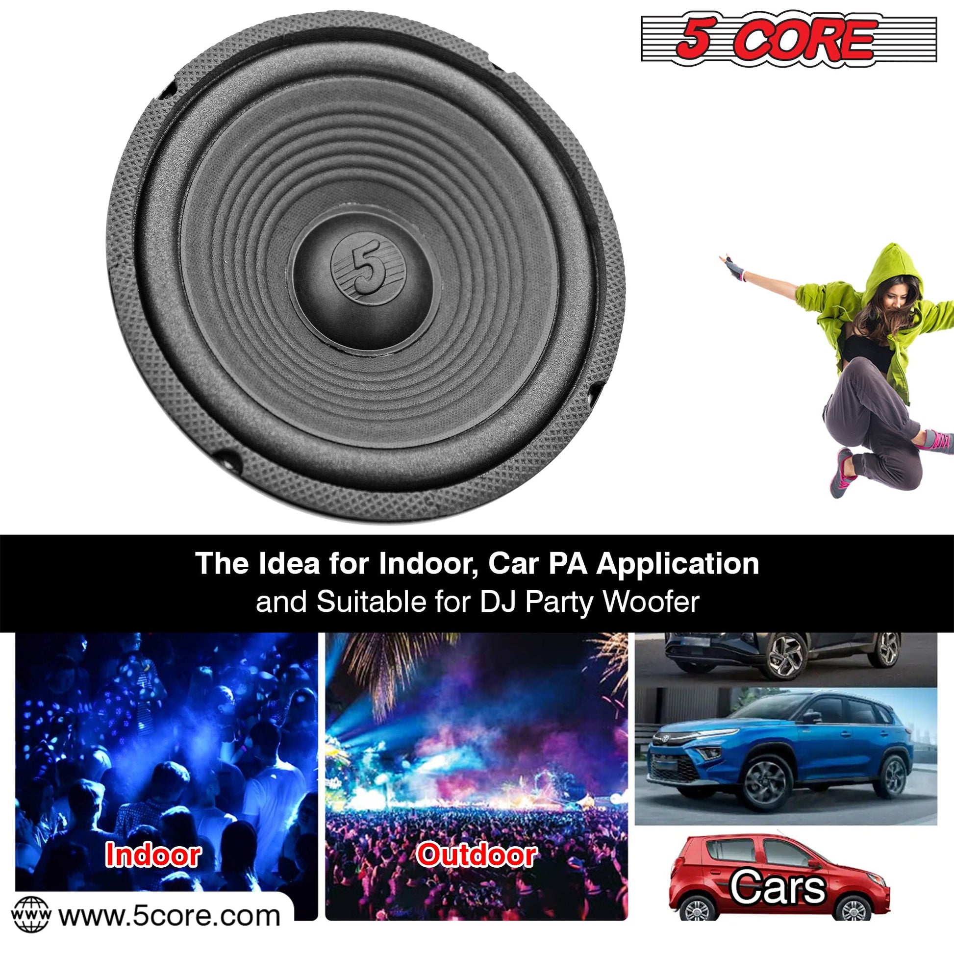5 CORE Car Subwoofer Audio Speaker - 8 inch 4 Ohm, Foam Surround for Vehicle Stereo Sound System 90mm Magnet Loudspeaker Woofer Replacement Black WF 8"-890 2 PC-11