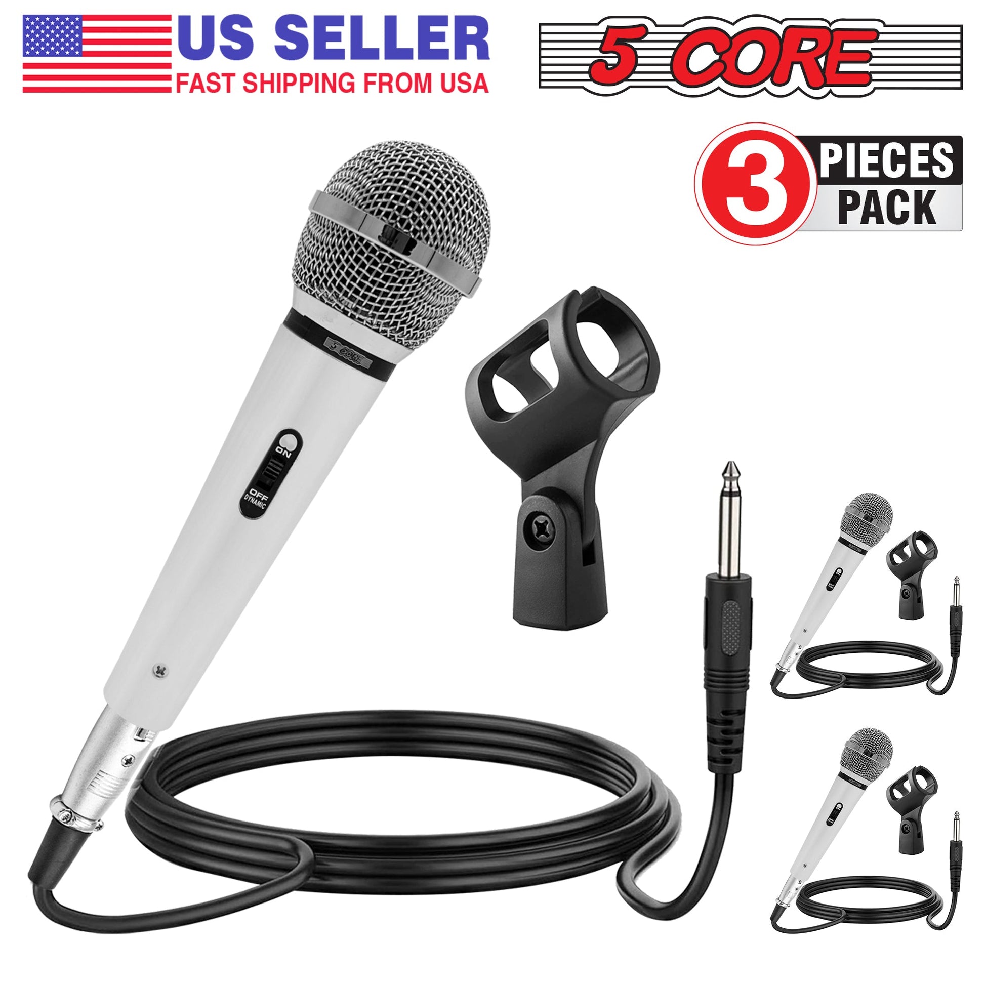 5 Core Microphone 3 Pieces Chrome Finish Professional Karaoke Dynamic XLR Wired Mic w ON/OFF Switch Integrated Pop Filter Cardioid Unidirectional Pickup Handheld Micrófono for Singing DJ Speeches Includes Cable Mic Holder - PM 111 CH 3PCS-5