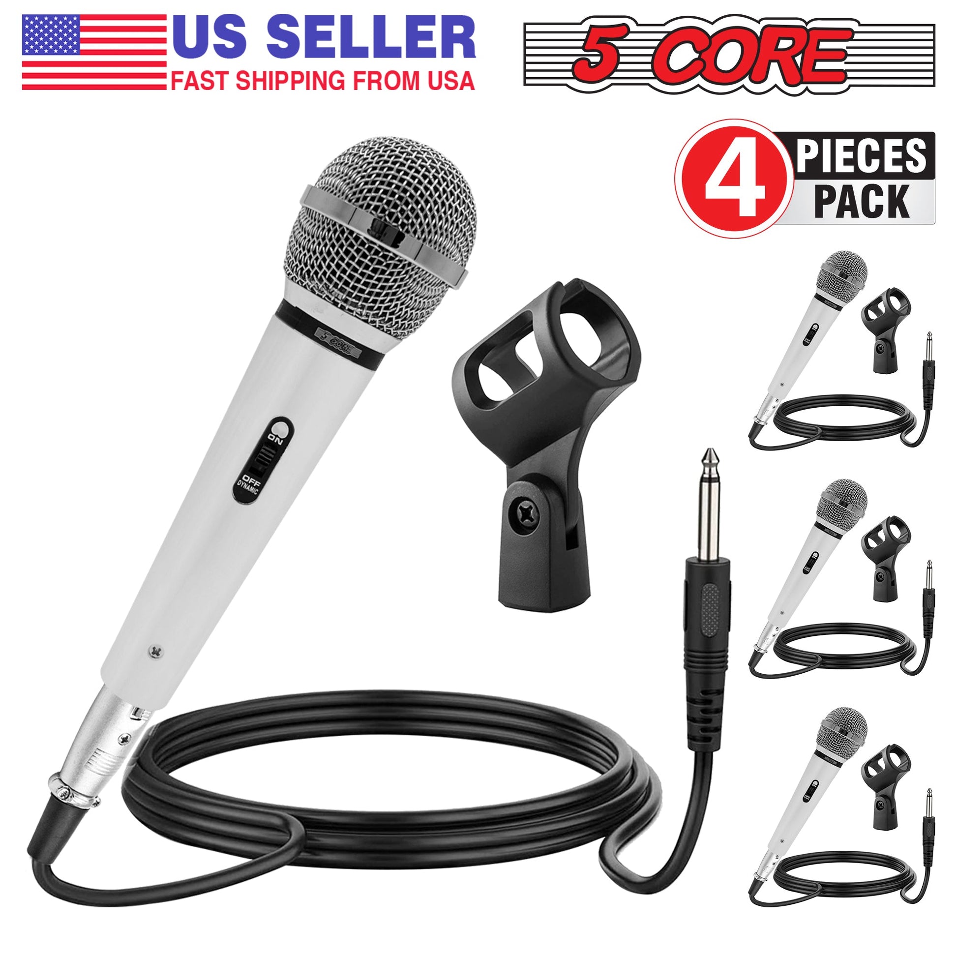 5 Core Microphone 4 Pieces Chrome Finish Professional Karaoke Dynamic XLR Wired Mic w ON/OFF Switch Integrated Pop Filter Cardioid Unidirectional Pickup Handheld Micrófono for Singing DJ Speeches Includes Cable Mic Holder - PM 111 CH 4PCS-1