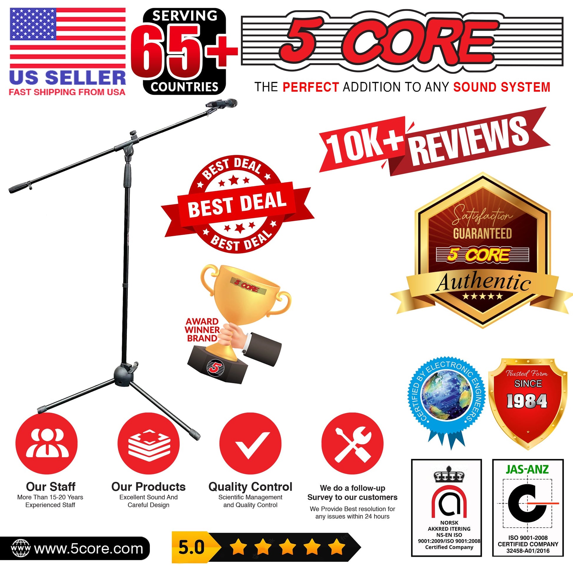 5 Core Foldable Tripod Mic Stand + Premium Vocal Dynamic Cardioid Mic Combo: Adjustable height, telescoping boom arm, secure tension lock. Includes 16ft XLR cable, mic clip, on/off switch. Ideal for karaoke MS 080 +ND58-10