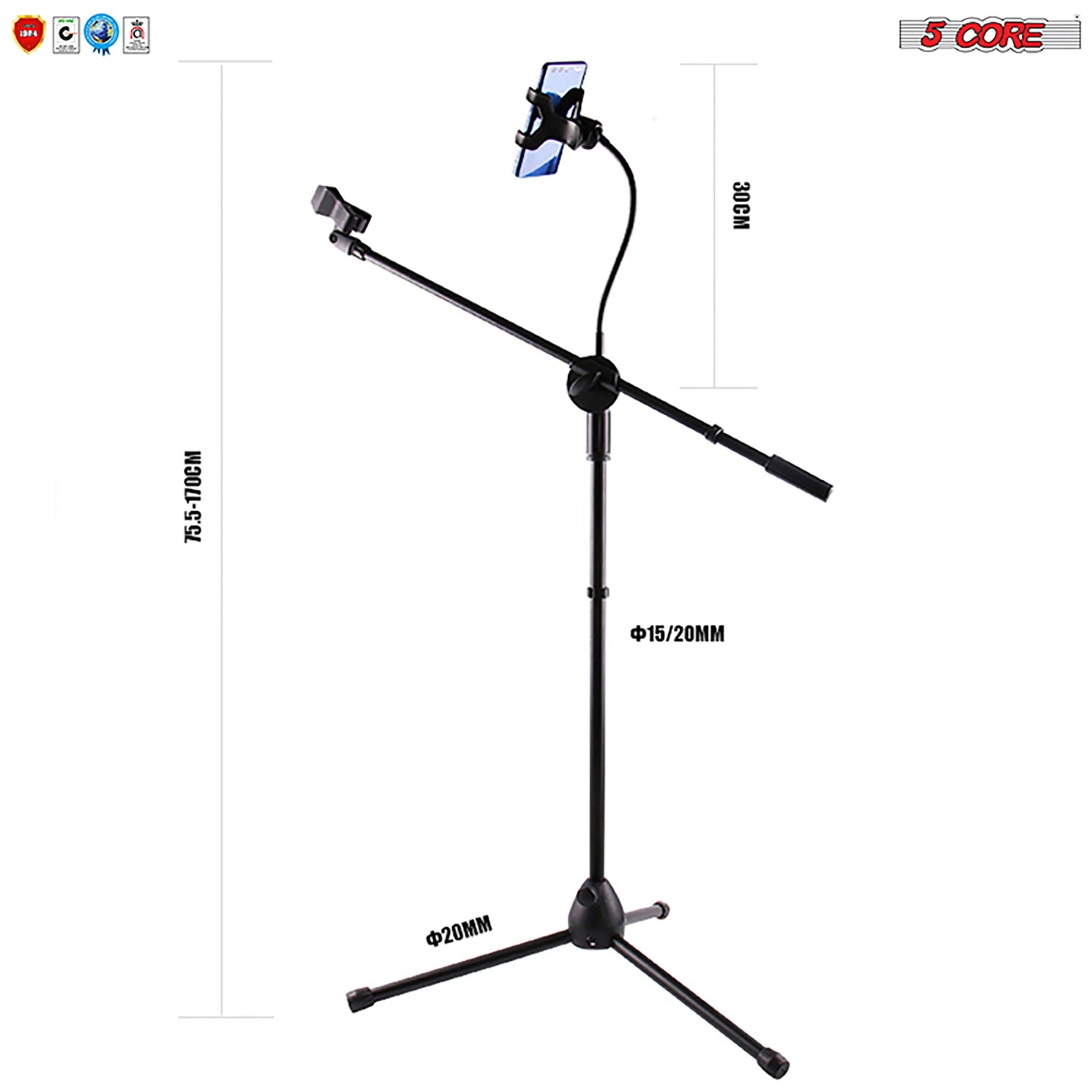 Ultimate Mic Stand Combo: 5 Core Mic Stand with Tablet/Phone Holder + Premium Vocal Dynamic Mic for Singing, Karaoke, and Studio Bliss MS MOB+ND58-1