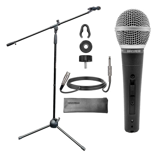 5 Core Foldable Tripod Mic Stand + Premium Vocal Dynamic Cardioid Mic Combo: Adjustable height, telescoping boom arm, secure tension lock. Includes 16ft XLR cable, mic clip, on/off switch. Ideal for karaoke MS 080 +ND58-0