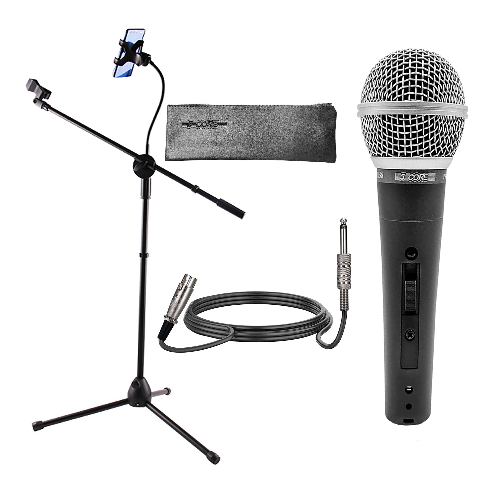 Ultimate Mic Stand Combo: 5 Core Mic Stand with Tablet/Phone Holder + Premium Vocal Dynamic Mic for Singing, Karaoke, and Studio Bliss MS MOB+ND58-0
