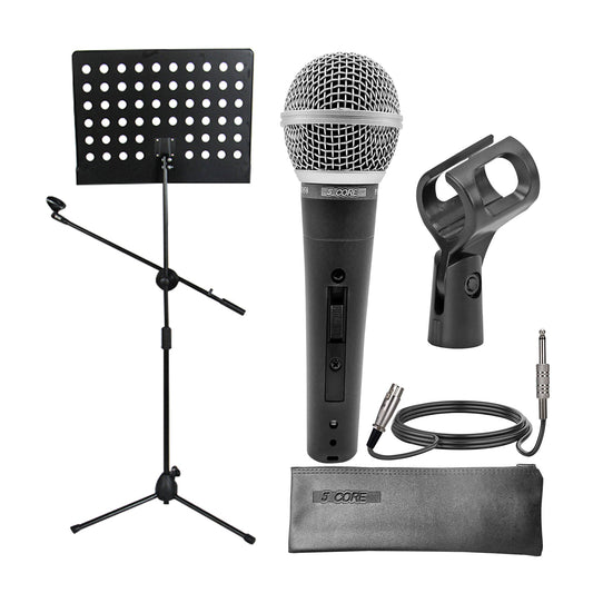 Ultimate Performance Combo: 5 Core Sheet Music Stand with Mic Stand Holder + Premium Vocal Dynamic Mic for Music and Karaoke Delights MUS MH+ND58BLK-0