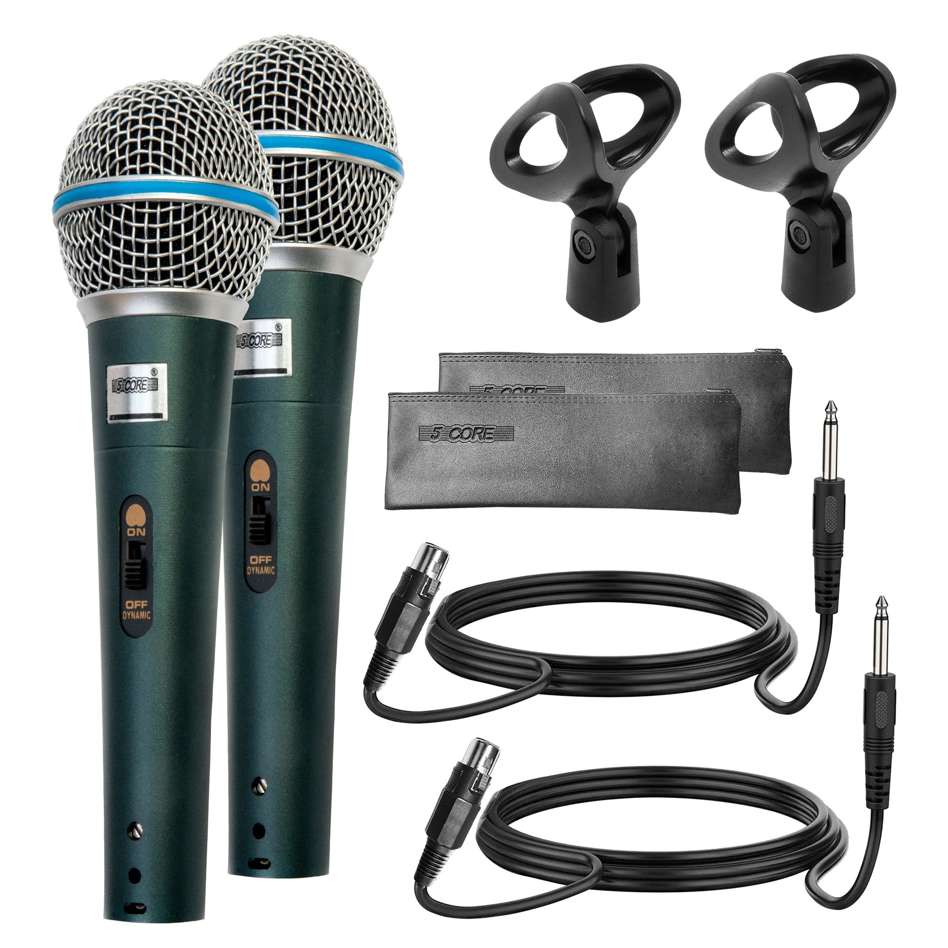 5 Core Microphone 2 Pieces Green Karaoke XLR Wired Professional Studio Mic w ON/OFF Switch Integrated Pop Filter Dynamic Cardioid Unidirectional Handheld Micrófono for Singing DJ Speeches Includes Cable Mic Holder Bag - BETA 2PCS-0