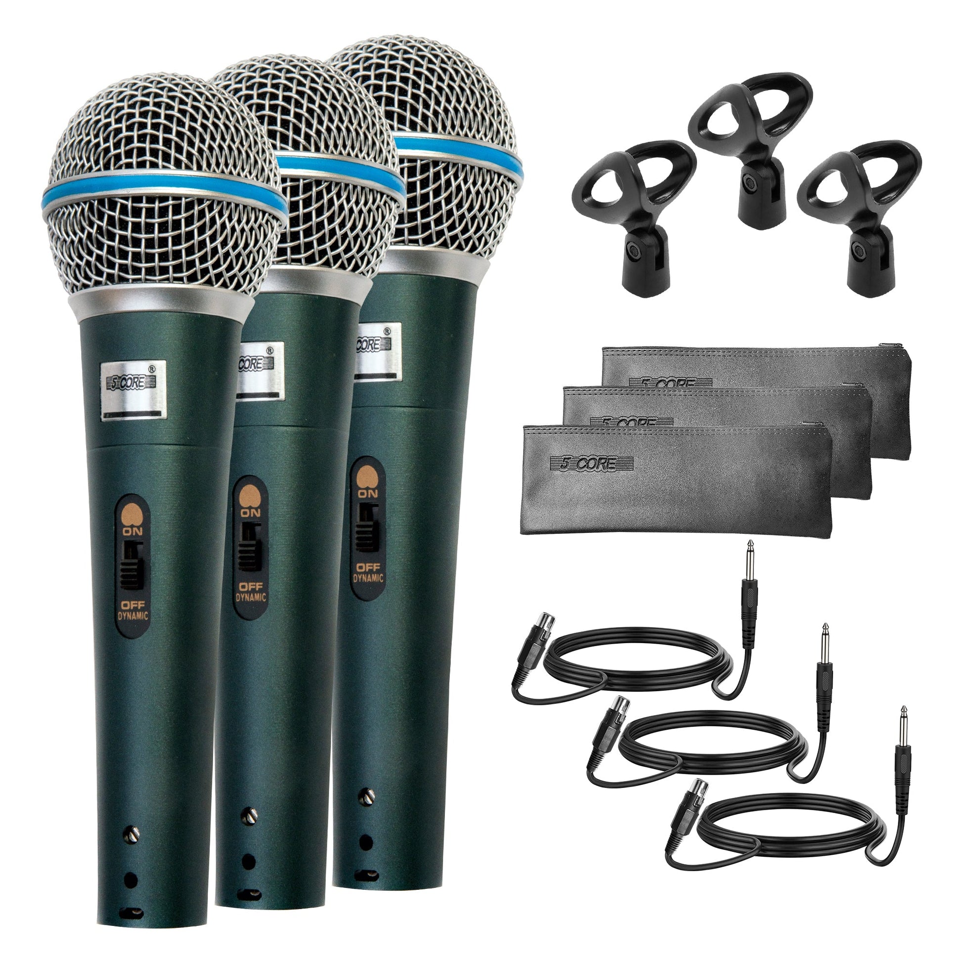 5 Core Microphone 3 Pieces Green Karaoke XLR Wired Professional Studio Mic w ON/OFF Switch Integrated Pop Filter Dynamic Cardioid Unidirectional Handheld Micrófono for Singing DJ Speeches Includes Cable Mic Holder Bag - BETA 3PCS-0