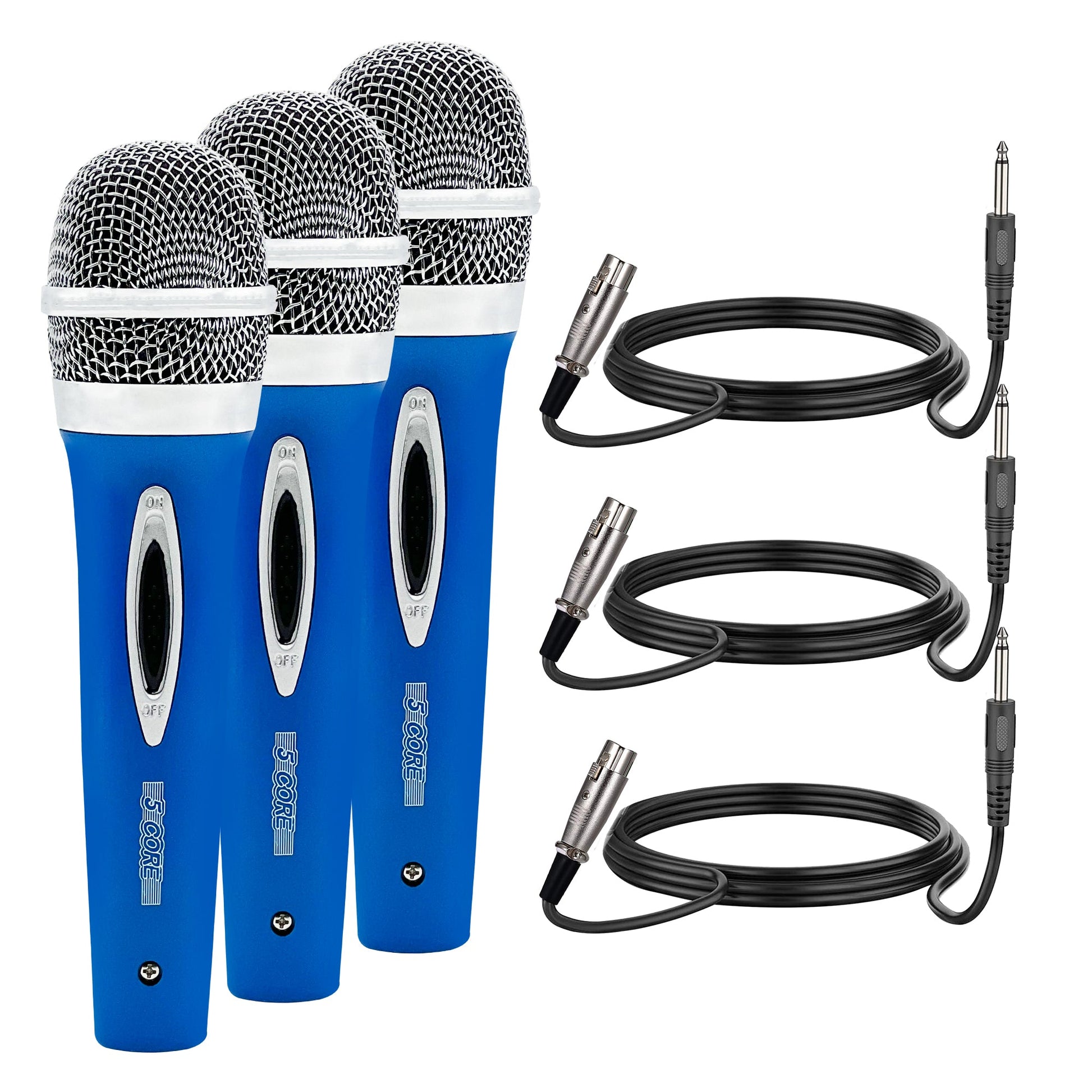 5 Core Microphone 3 Pcs Blue Karaoke XLR Wired Mic Professional Studio Microfonos w ON/OFF Switch Integrated Pop Filter Dynamic Moving Coil Cardioid Unidirectional Pickup Handheld Micrófono for Singing DJ Podcast Speeches Includes Cable - PM 286-0