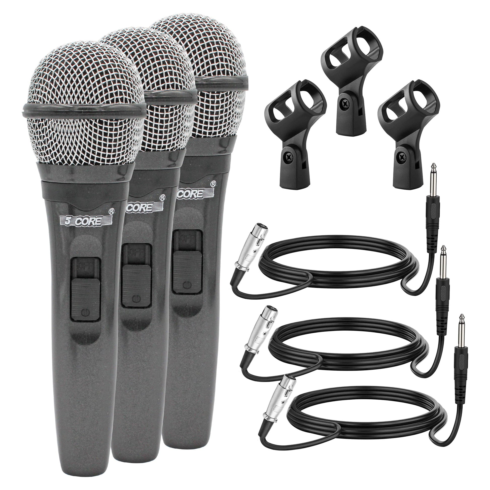 5 Core Microphone 3 Pieces Dynamic Professional Black Karaoke XLR Wired Mic w ON/OFF Switch Integrated Pop Filter Cardioid Unidirectional Pickup Handheld Micrófono for Singing DJ Podcast Speeches Includes Cable Mic Holder - PM 600 3PCS-0