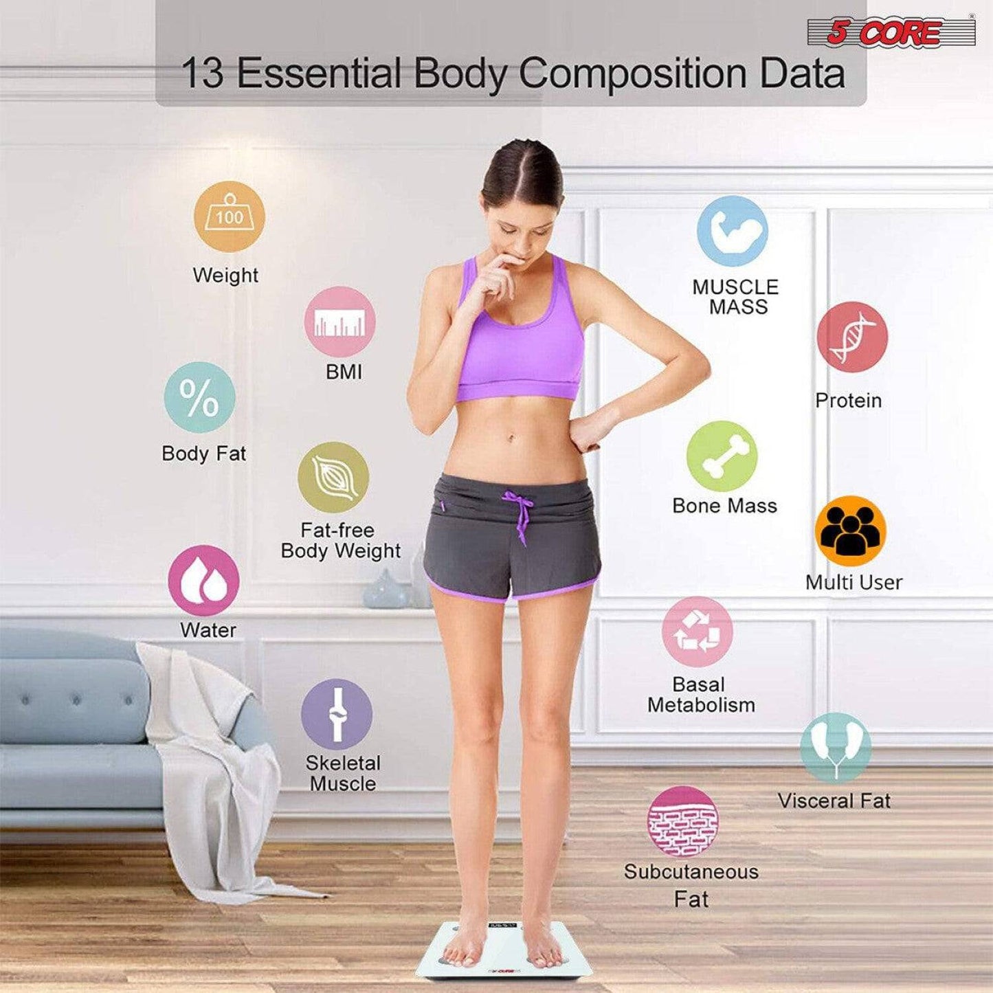 5Core Digital Bathroom Scale for Body Weight Fat Smart Bluetooth Rechargeable BBS HL B WH