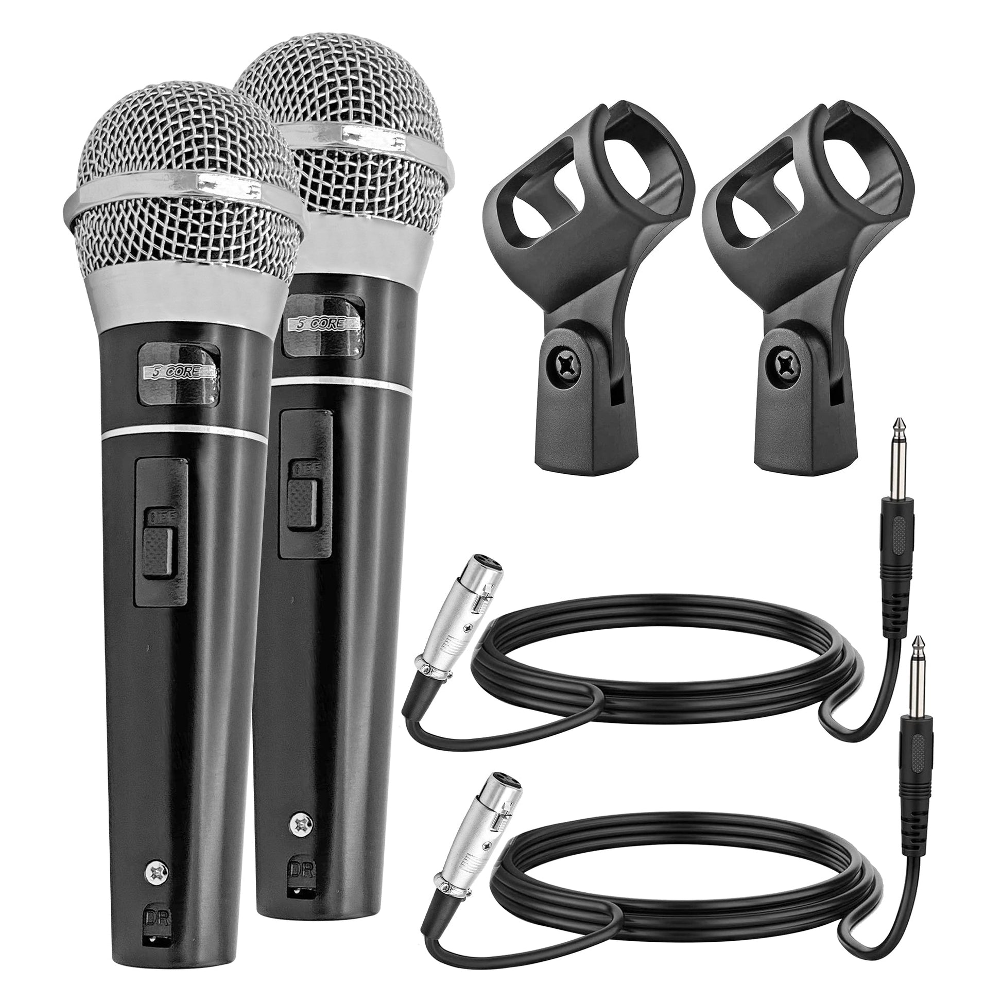 5 Core Microphone 2 Pieces Black Professional Karaoke Dynamic XLR Wired Mic w ON/OFF Switch Integrated Pop Filter Cardioid Unidirectional Pickup Handheld Micrófono for Singing DJ Speeches Includes Cable Mic Holder -PM 100 2PCS-0