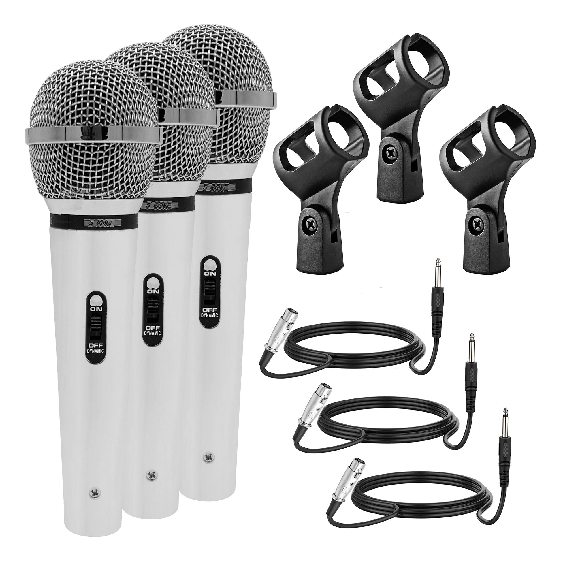 5 Core Microphone 3 Pieces Chrome Finish Professional Karaoke Dynamic XLR Wired Mic w ON/OFF Switch Integrated Pop Filter Cardioid Unidirectional Pickup Handheld Micrófono for Singing DJ Speeches Includes Cable Mic Holder - PM 111 CH 3PCS-0