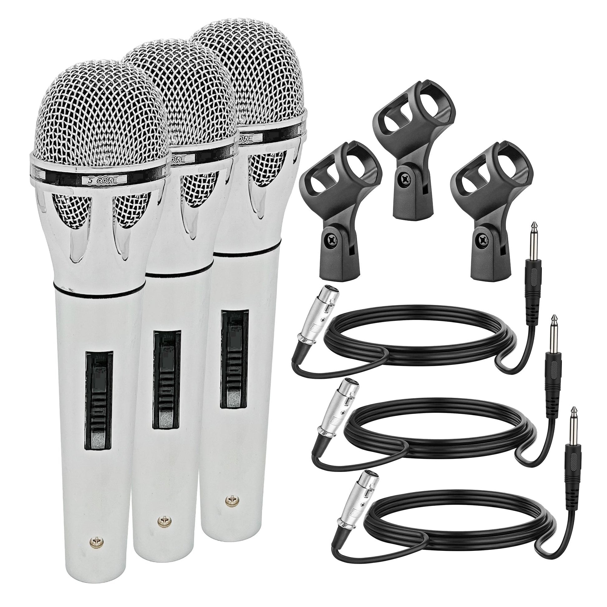 5 Core Microphone 3 Pieces Professional Chrome Finish Dynamic Karaoke XLR Wired Mic w ON/OFF Switch Integrated Pop Filter Cardioid Unidirectional Pickup Handheld Micrófono for Singing DJ Podcast Speeches Includes Cable Mic Holder - PM 817 CH 3PC-0