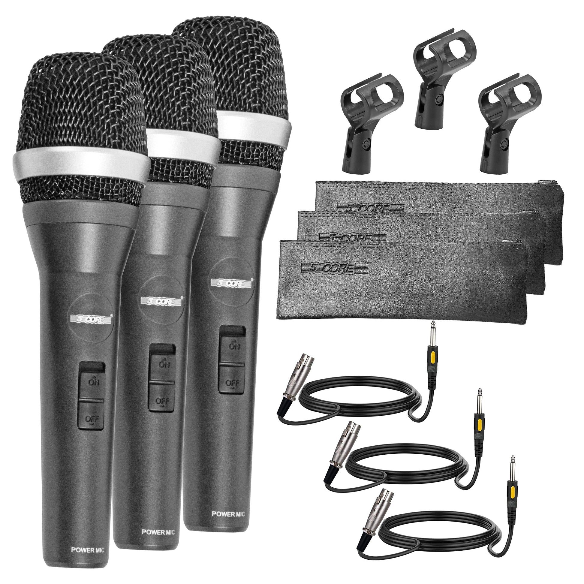 5 Core Microphone 3 Pieces Black Karaoke XLR Wired Mic Professional Studio Microfonos w Integrated Pop Filter Dynamic Moving Coil Cardioid Unidirectional Pickup Micrófono for Singing DJ Podcast Speeches Includes Cable Mic Holder Bag - 5C-POWER 3-0